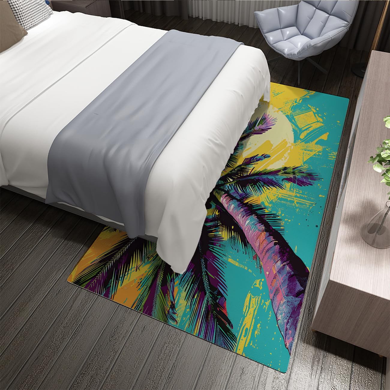 Zmywalne dywaniki 140x200 cm Pop Art Palm Obszar Tropikalny Dywan Zachód Zachód Ocean Niskie Włosy Sylwetka Pociągnięcia Wzór Podłoga Wewnątrz Do Salonu Biura
