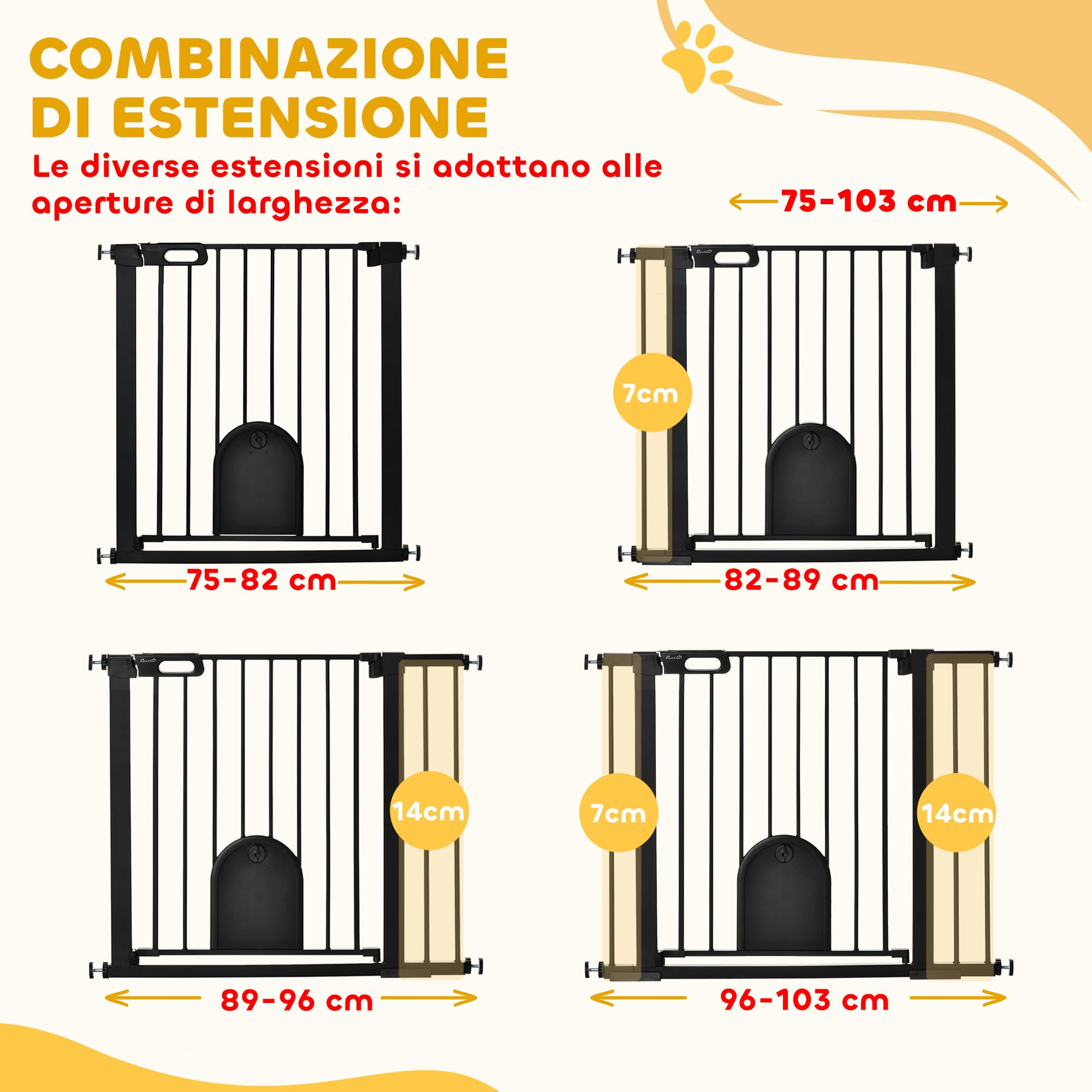 PawHut Cancellino per Cani Regolabile con Porta Piccola e Montaggio a Pressione, Barriera per Cani con Chiusura Automatica, 75-103x76 cm, Nero