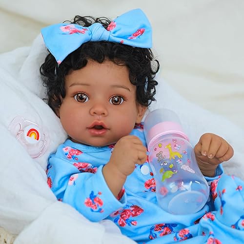 Miniatura 3 de SCOM Lifelike Reborn Baby Dolls - Saskia 23 inch Realistic Toddler American African Black Gril Baby with Cloth Body Vinyl Limbs Yellow Knit Clothes