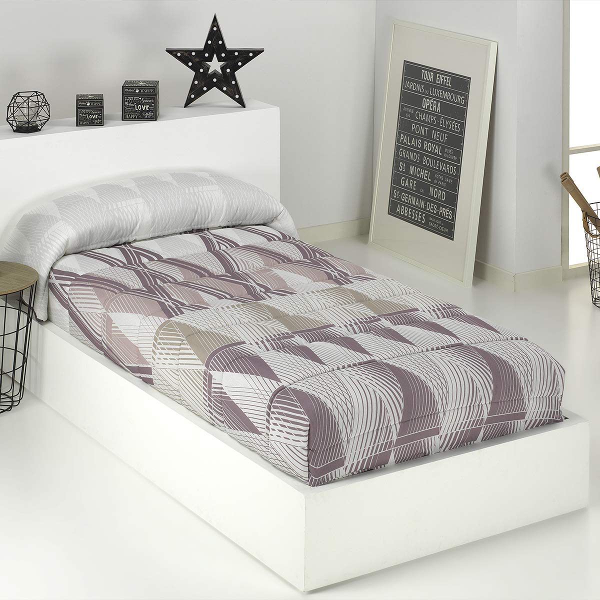Lanovenanube Edredón Ajustable Andrea Cama 150 cm Malva 250 gr/m² | Tejido 50% poliéster y 50% algodón. Ajuste con elásticos. Compatible con camas de largo 190 y 200 cm. No incluye cojín.