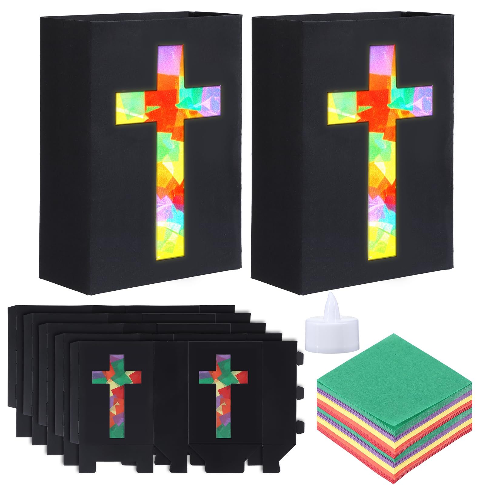Resurhang 16 Set 2026 VBS Cross Lantern Craft Kit DIY Illumination Theme Faux Stained Glass Paper Lanterns with LED Candle Lights Religious Easter Make Your Own Craft Bulk for Church Vacation Holiday