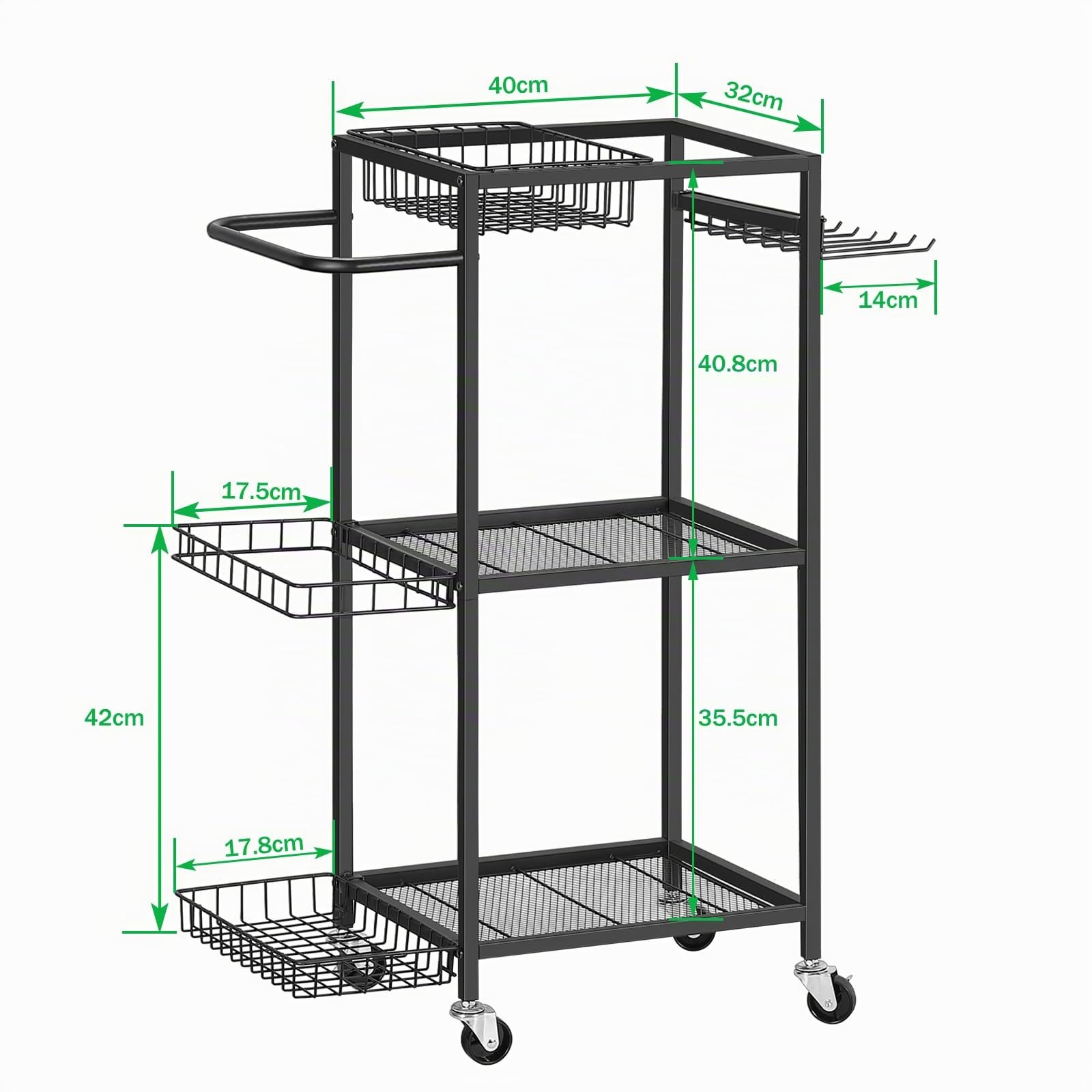 Soporte para equipo deportivo y yoga, 3 niveles de almacenamiento, ruedas y 8 ganchos, para hogar y fitness