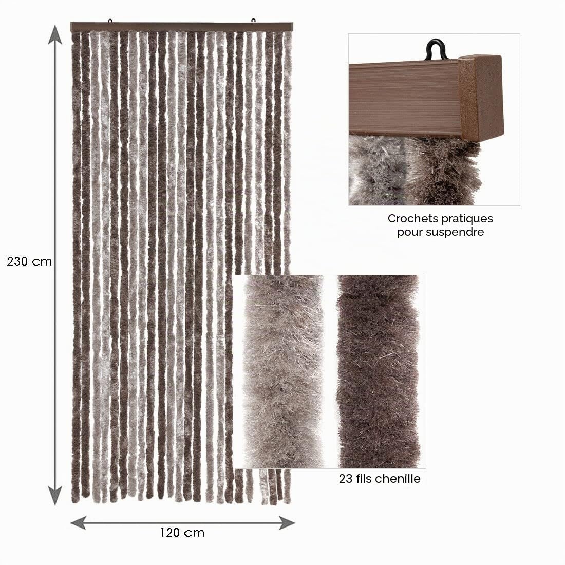 emmevi Rideau chenille pour porte protège-soleil anti-mouches lavable, réglable, modèle rideau_chenille (5) 120 x 230 cm