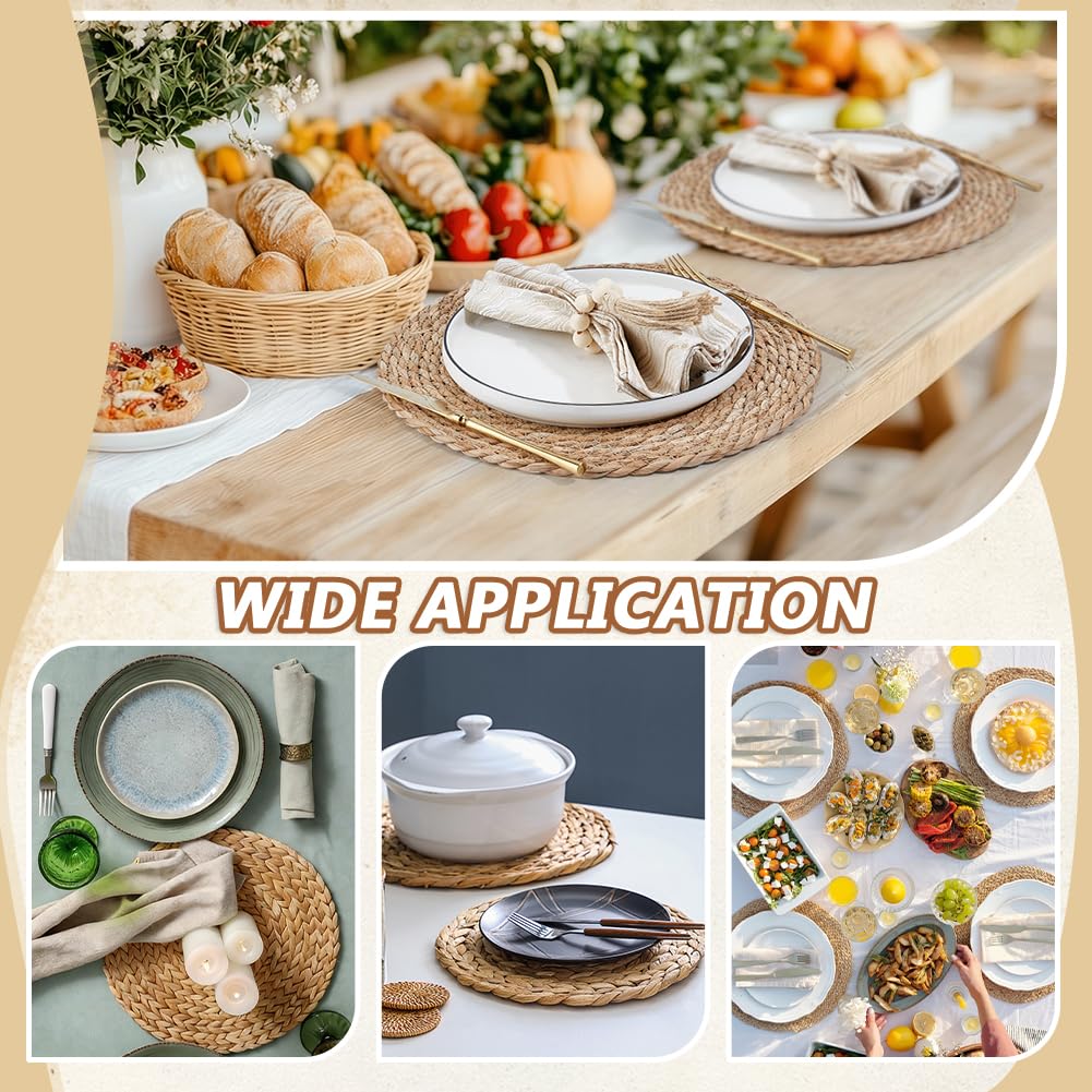 NBEADS 12 Set Gewebte Rattan Tischsets, 34.5cm Boho Gewebte Tischsets Set Tischmatten Mit 12 Stück Holz Serviettenringe Perlen Für Hochzeit Essen Wohnkultur Party Einstellungen