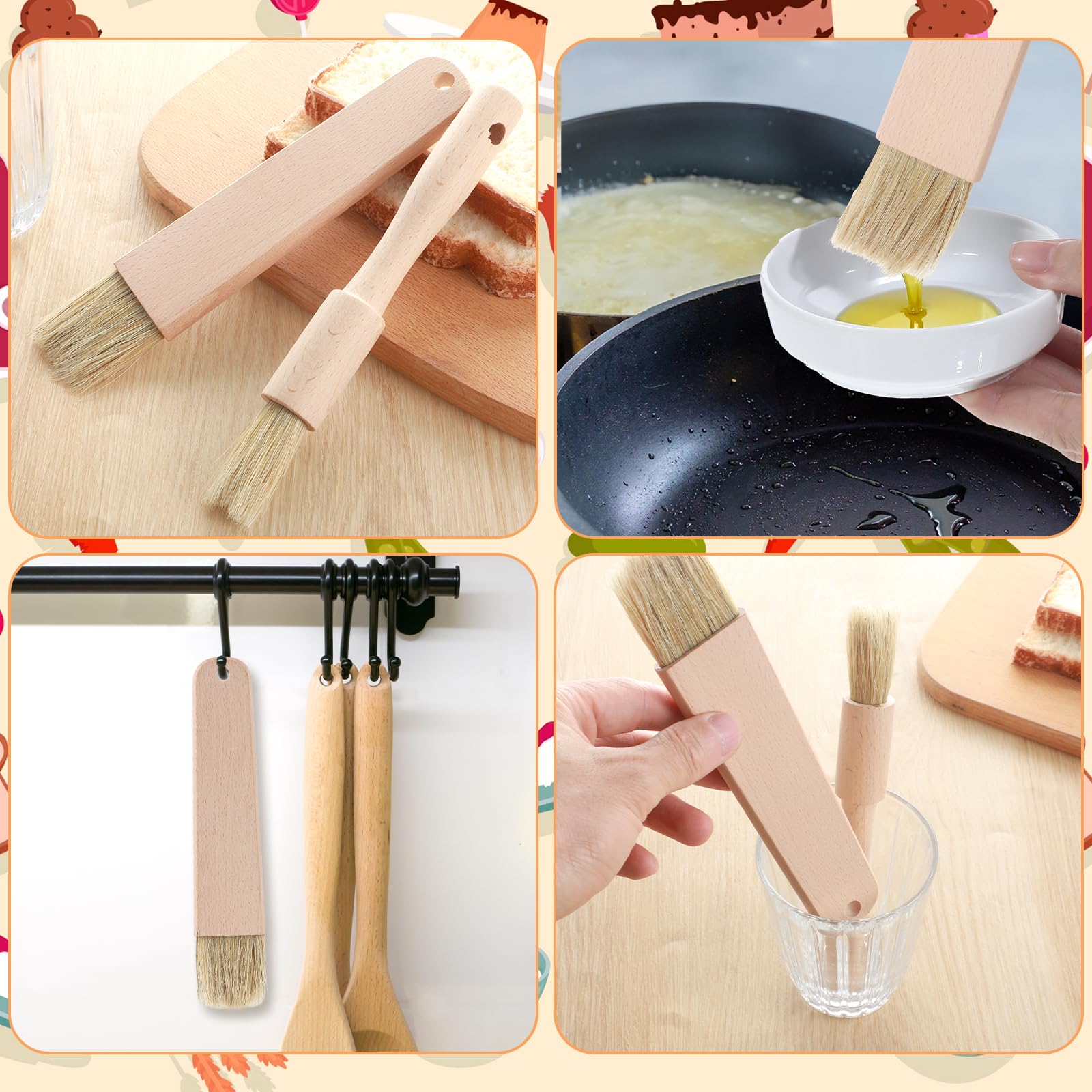 Ouligay 2 Stück Backpinsel Naturborsten Holz Grillpinsel Backen Ölpinsel Geölt Pastry Brushes BBQ Pinsel Koch Holzgriff Baking Brush Küchenpinsel für Grillen Rühren Kochen Sauce Marinade, 19cm Länge