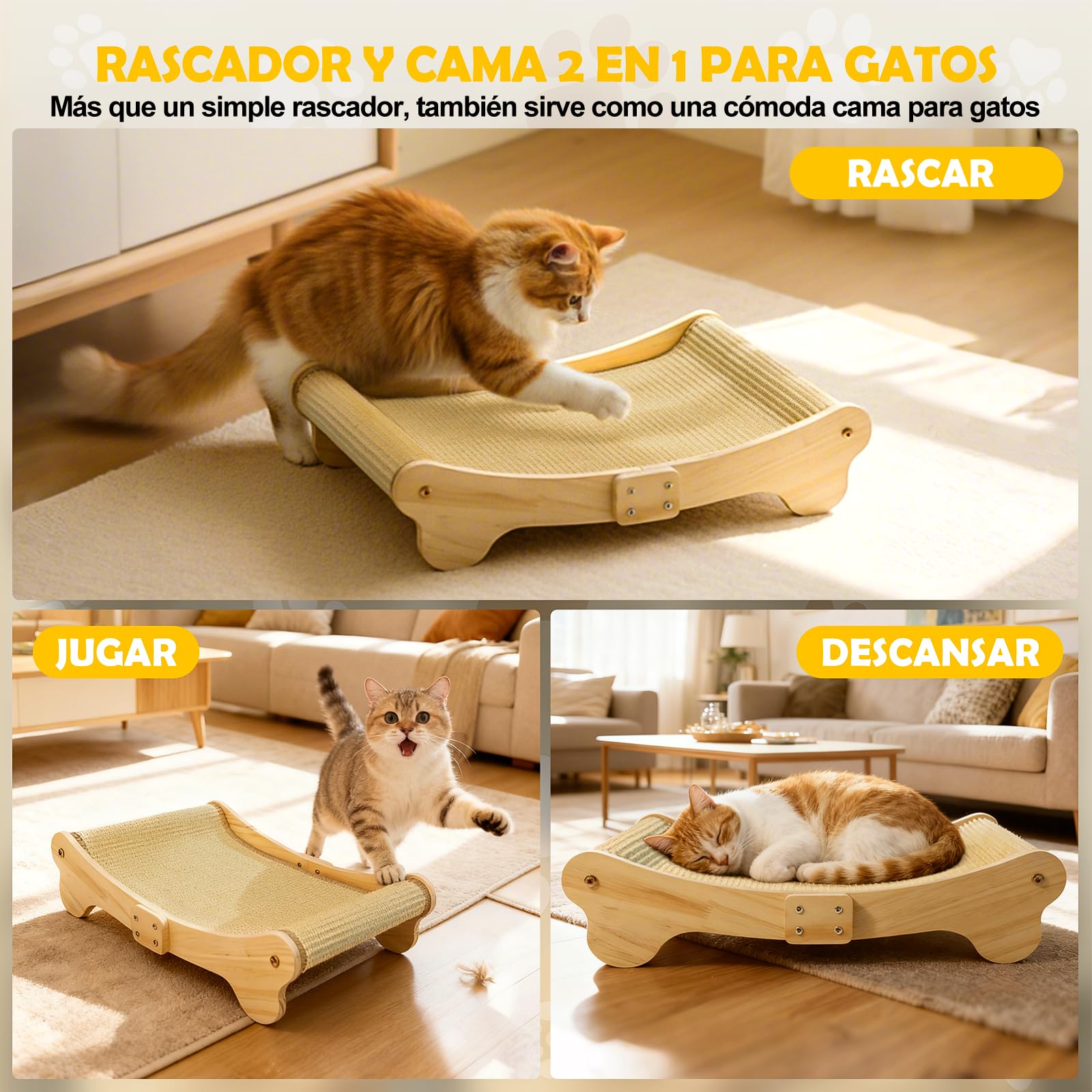 DONWEI Rascador para Gatos Sisal, Cama para Gatos Madera, Diseño Curvo de 160°, Tapete Sisal Natural, Tamaño Grande 60 x 37 x 14 cm, Sofá Rascador, Protector de Muebles