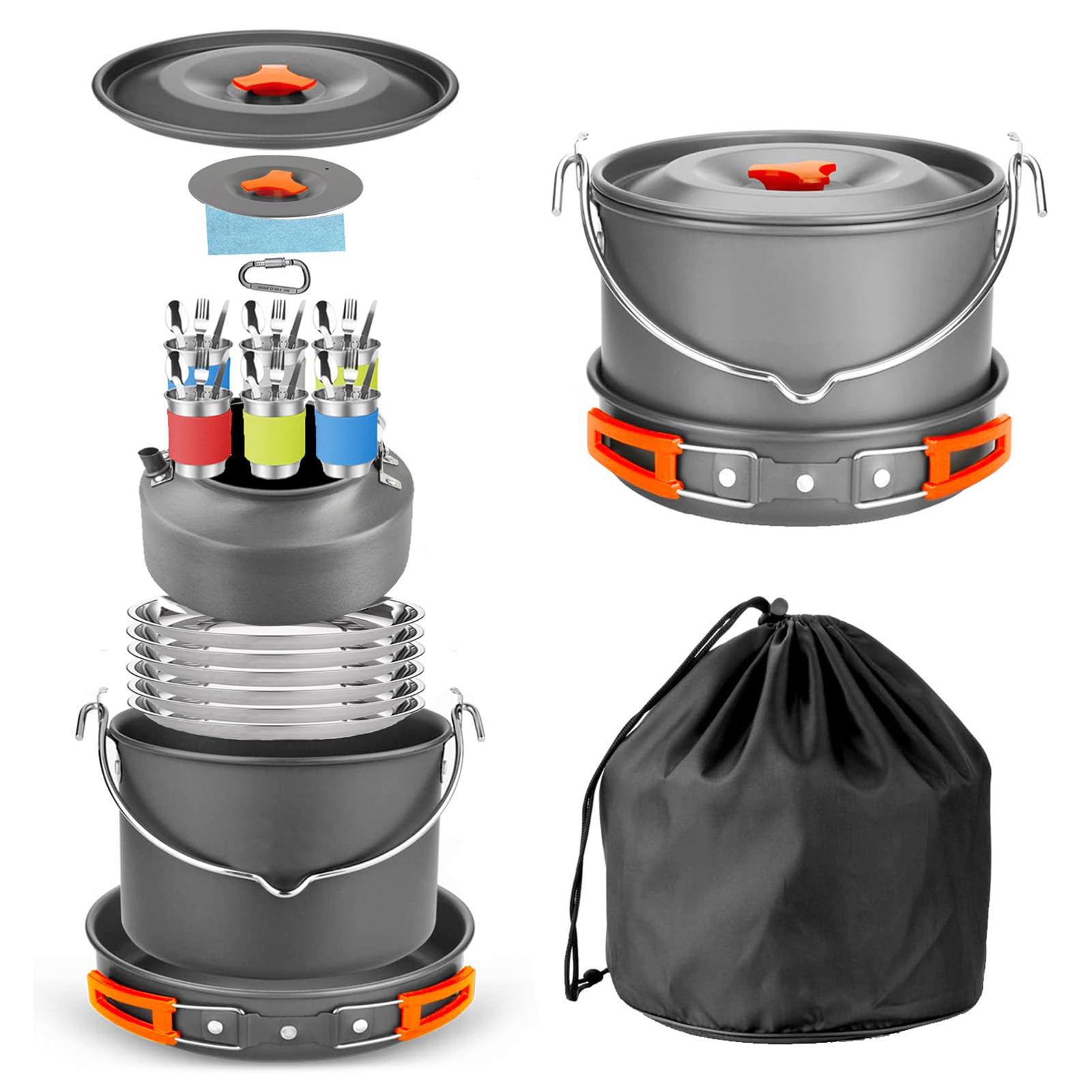 Cryfokt Camping-Kochgeschirr-Set, Langlebiges Outdoor-Kochgeschirr-Set, Tragbar für 6–8 Personen, Aluminiumlegierung, Campingausrüstung für Camping, Wandern, Rucksackreisen, Picknicken