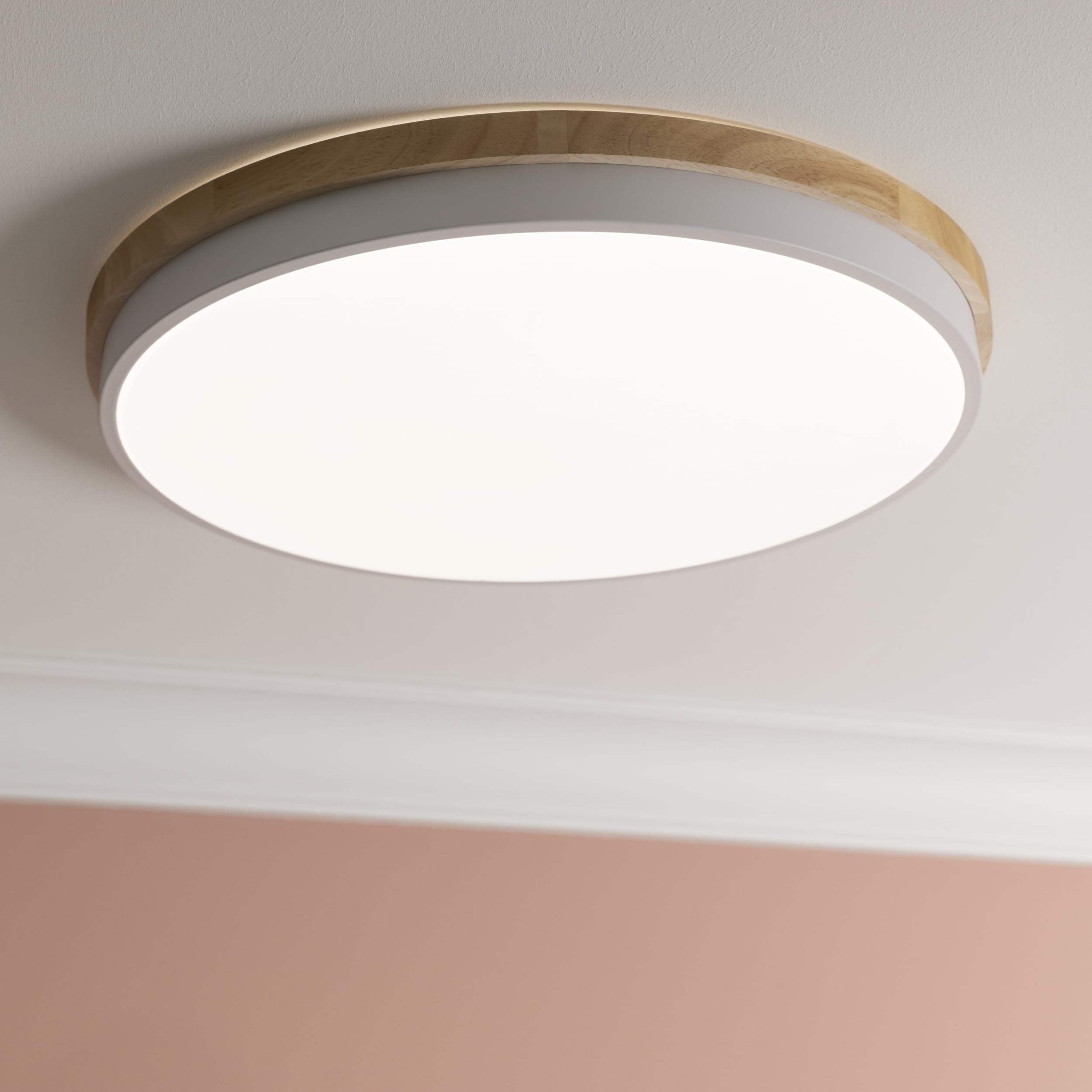 Aplique y plafón LED brillante con mando a distancia y CCT (3000 K - 6500 K) y marco de madera marrón claro de árbol de caucho | Ø 50 cm | 36 W | 4500 lm | fabricado en/plástico/metal/madera
