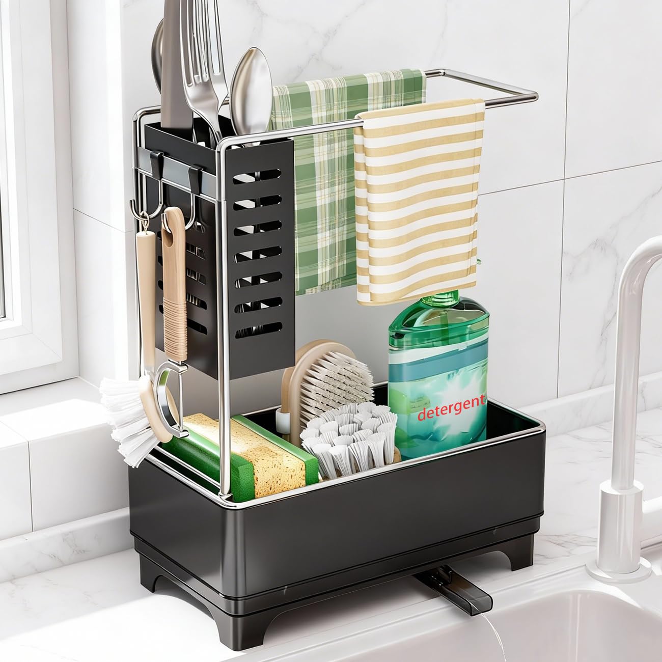 FOXWHALE Spülbecken Organizer, Schwarz Küchen Organizer Spüle mit Abflusspfanne & Lappenhalter, Spülutensilien Organizer für Bürsten/Handtücher