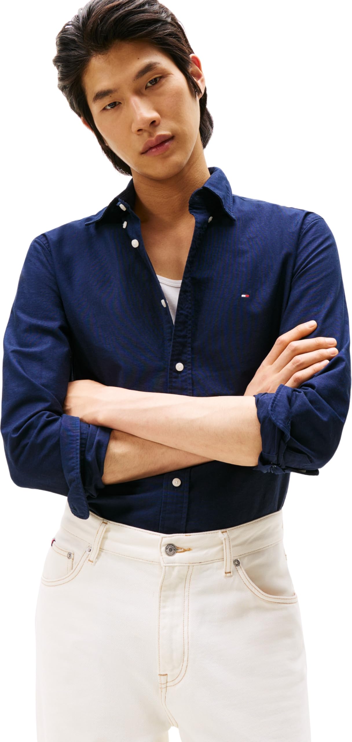 Tommy Hilfiger Men’s Long Sleeve Oxford Shirt, Blue (Preppy Navy/Desert Sky Solid), XS