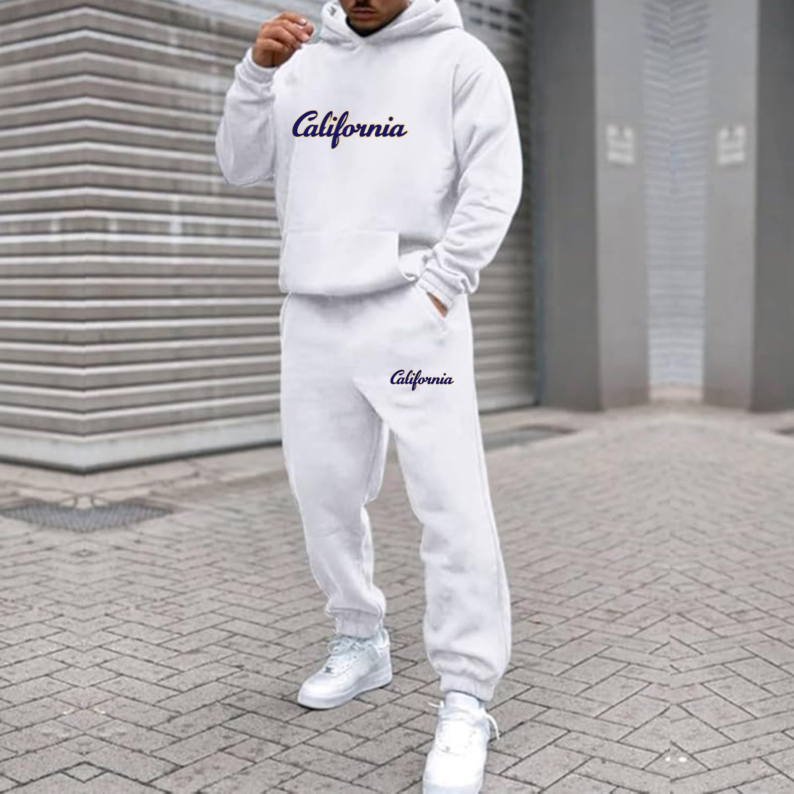 Tuta Uomo Sportiva con Cappuccio Stampa California Due Pezzi Tasche Libero