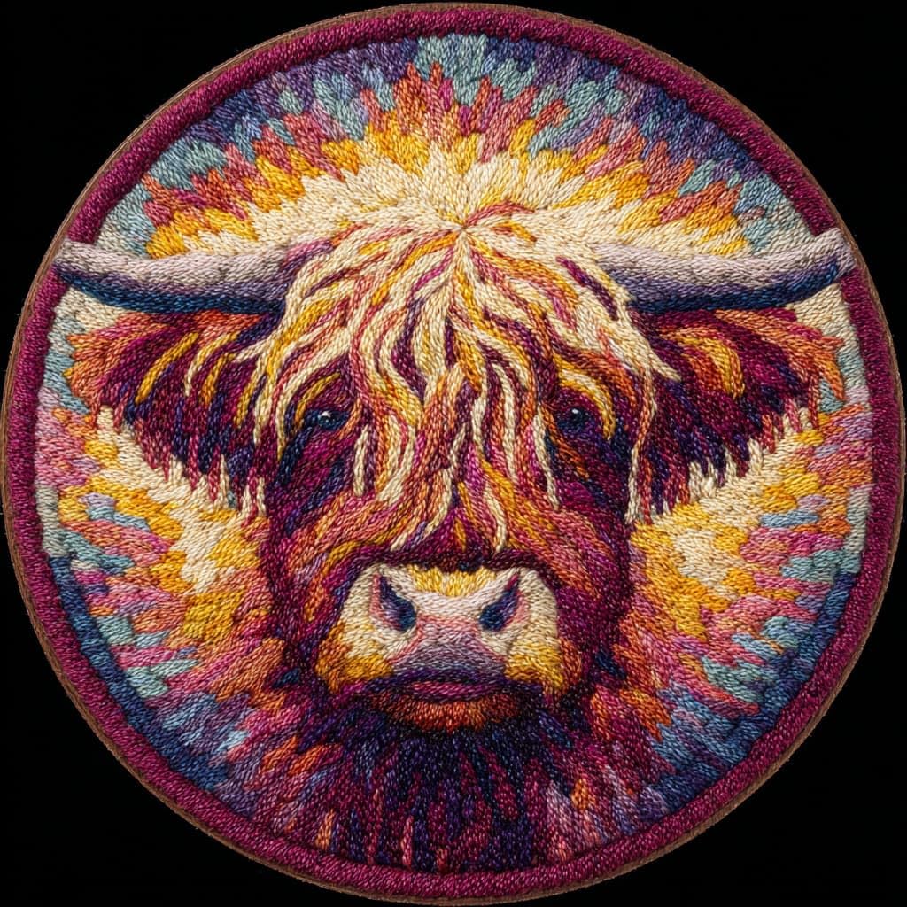 WallustrioaW Round Latch Hook Rug Kits, Highland Cattle 50X50Cm Home Carpet Rug Making Canvas Kits, DIY Crochet Kit Needlework Crafts, Latch Hook Kit for Beginners Adults