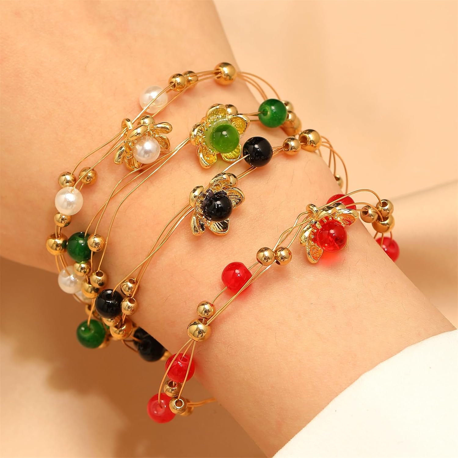 Gold Bracelet for Women Pearl Flower Charm Bracelet Vintage Rose Temperament Bracelet Dainty Gold Adjustable Bracelets Valentine's Day Mothers Day Birthday Jewelry Gift - Image 3