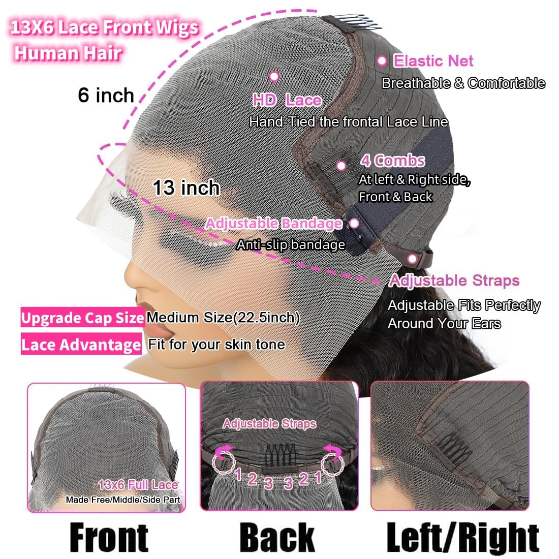 JTMMP Deep Wave 13x6 Human Hair Lace Front Wig, Black
