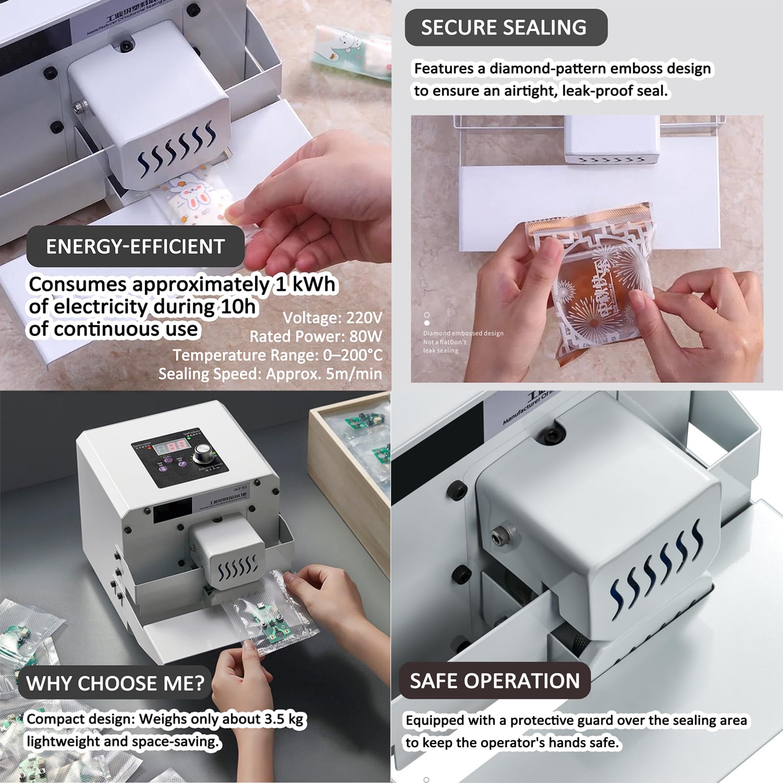 Scelleuse en Continu Automatique pour Sachets (Plastique/PVC), Modèle De Comptoir avec Réglage Numérique De La Température Et De La Vitesse Et Hauteur Ajustable; pour Un Usage Commercial