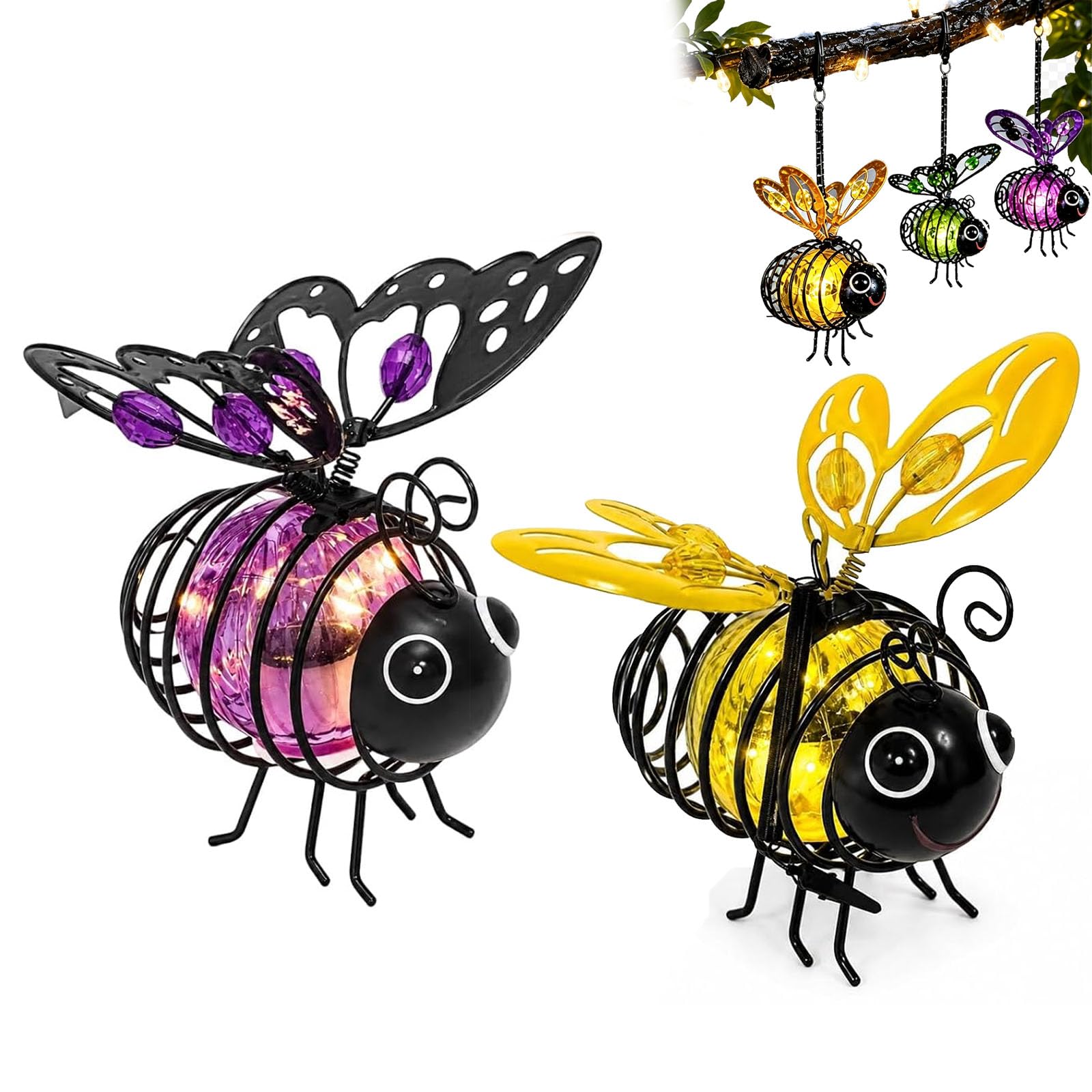 Hanging Solar Bee Light, Solar Globe Bee Lantern, Hanging Solar Bee Light Outdoor Decor, Waterproof Solar Powered Insect Ornament, with Bouncy Springs Tree Porch Backyard Balcony (Yellow+Purple)