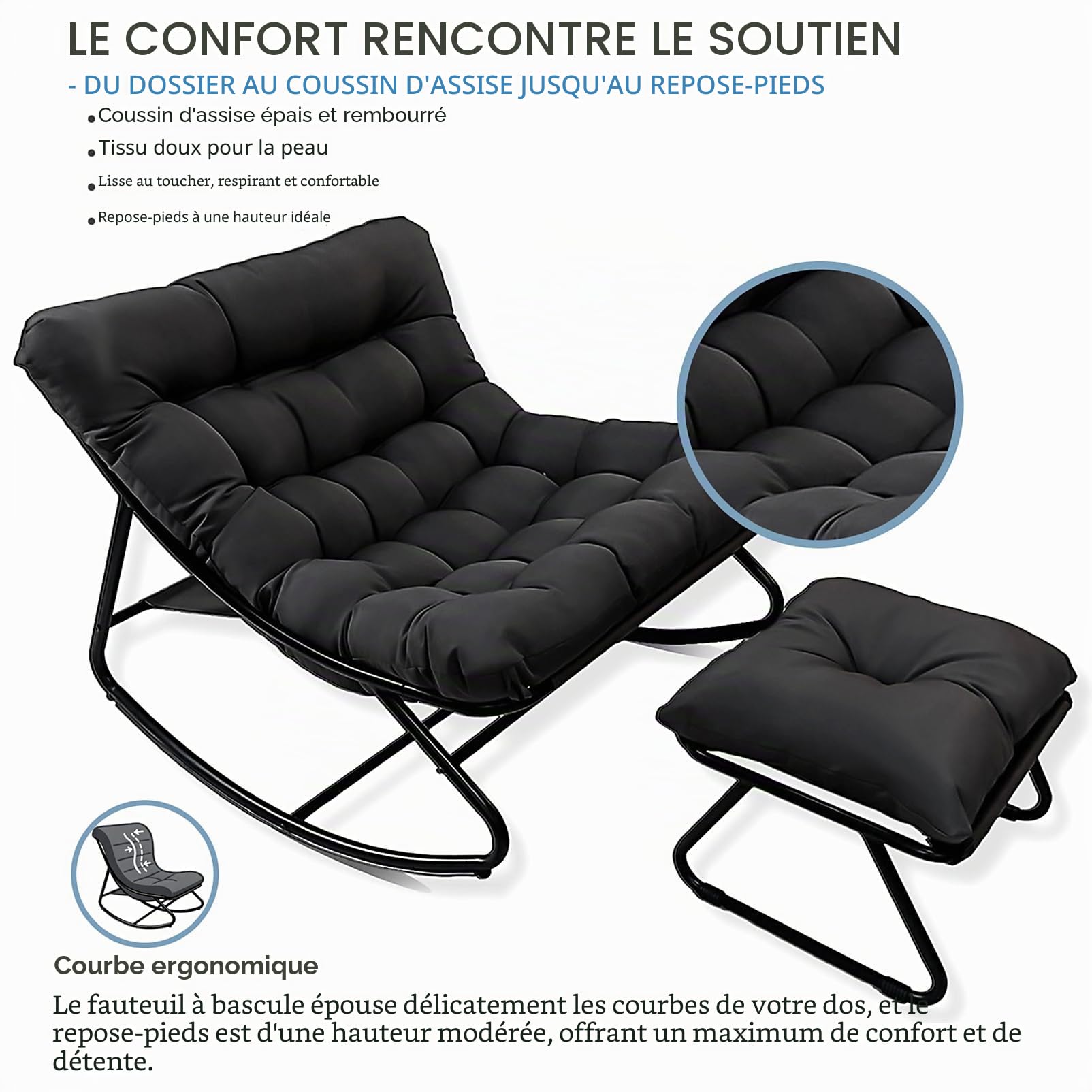 Fauteuil à Bascule Œuf avec Repose-Pieds - Charge 150kg Chaise a Bascule Surdimensionnée, Rocking Chair Coussin Confortable Utilisation Intérieur/Extérieur pour Salon, Jardin, Balcon (Noir)