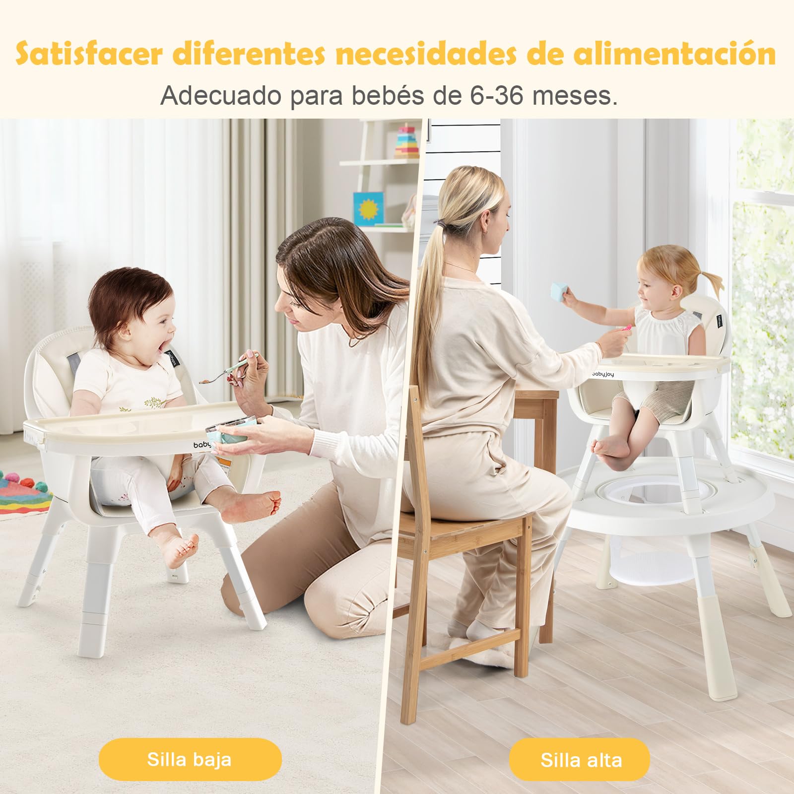 COSTWAY Trona para Bebe 6 en 1, Trona con Altura Regulable con Bandeja de 2 Niveles y Cesta, Centro Actividad para Niños Set Mesa y Silla con Bloques para Niños y Bebés de 4 a 72 Meses (Beige)