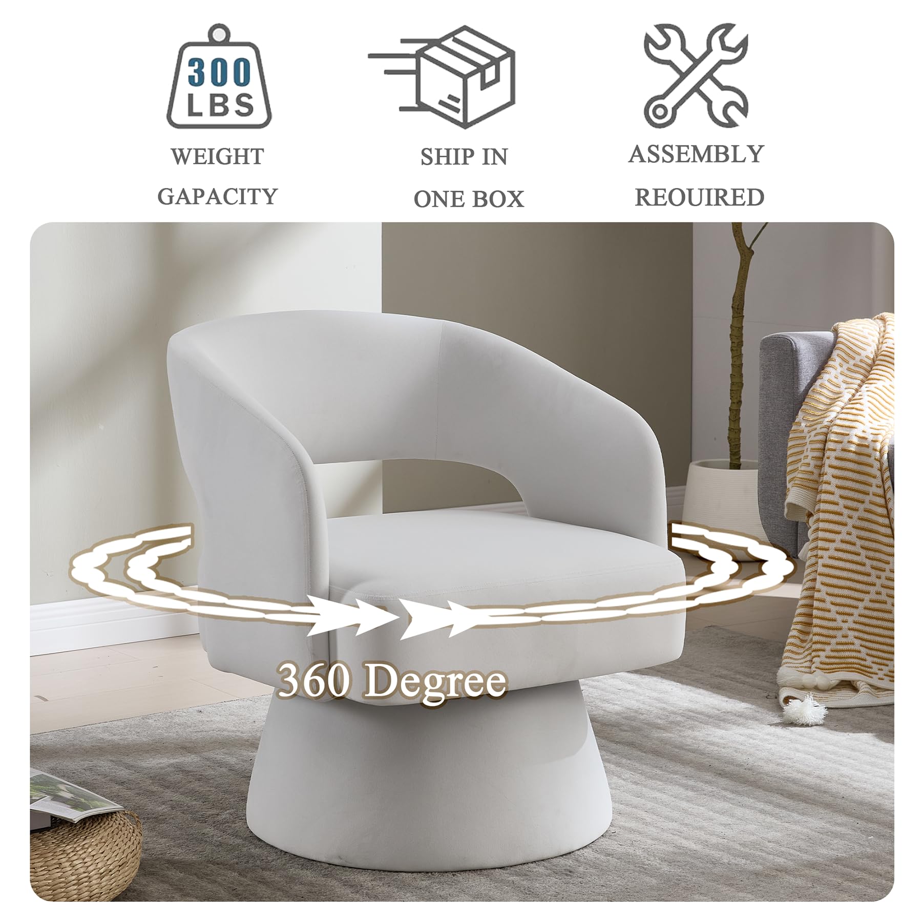 360° drehbarer Drehsessel & Polstersessel mit Samtbezug – Loungesessel & Rundfaßstuhl, weiche Schaumpolster, ergonomische Rückenlehne, Metall-Drehfuß, für Wohnzimmer & Schlafzimmer, Beige
