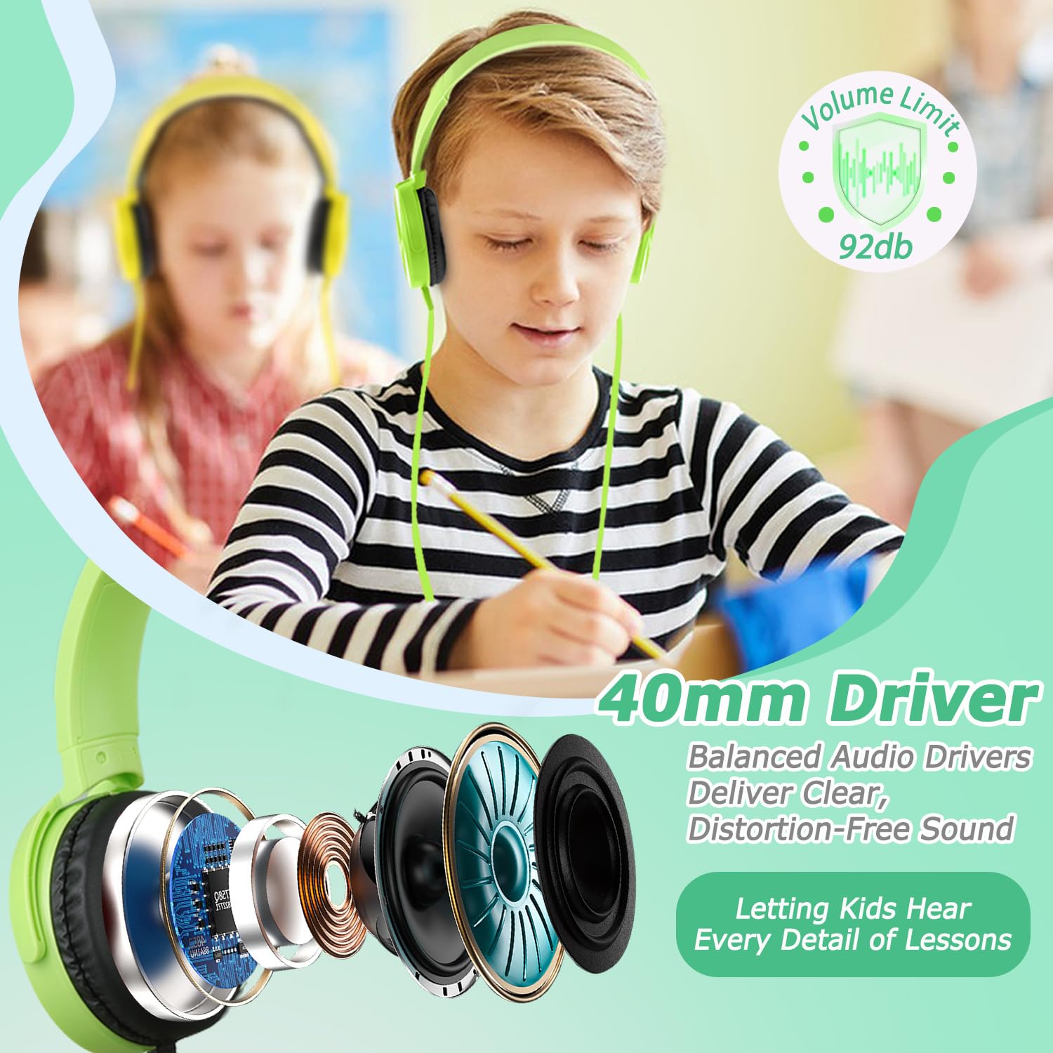Zestaw 2 słuchawek dla dzieci do szkoły, klasy K-12, obrotowe, składane, stereo HD, jack 3,5 mm, przewodowe słuchawki dla dzieci, uczniów (zielone + żółte)
