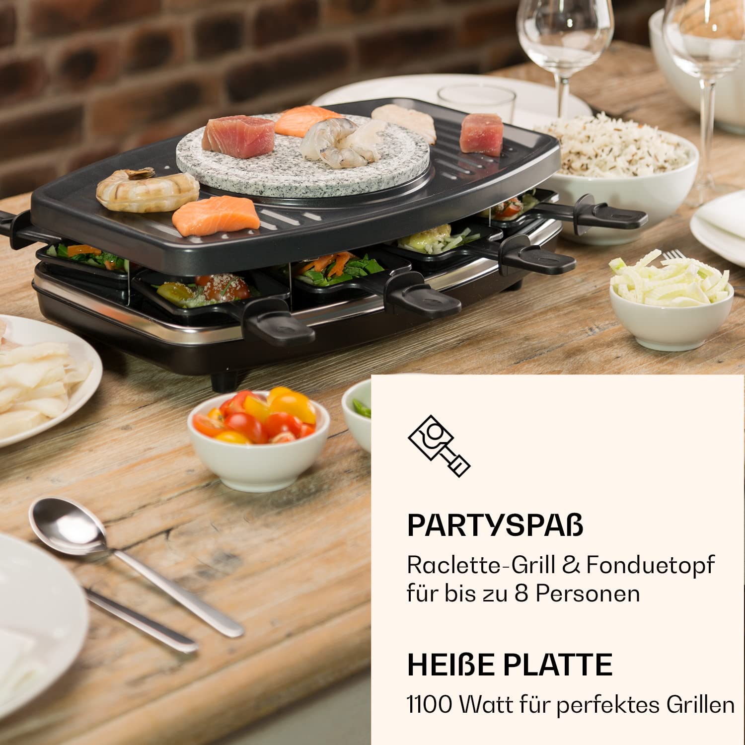 Klarstein 3-in-1 Raclette Fondue Kombi und Grill, 1100W Raclette-Fondue-Set mit Steinplatte, Elektrischer Fondue Raclette Grill für 8 Personen