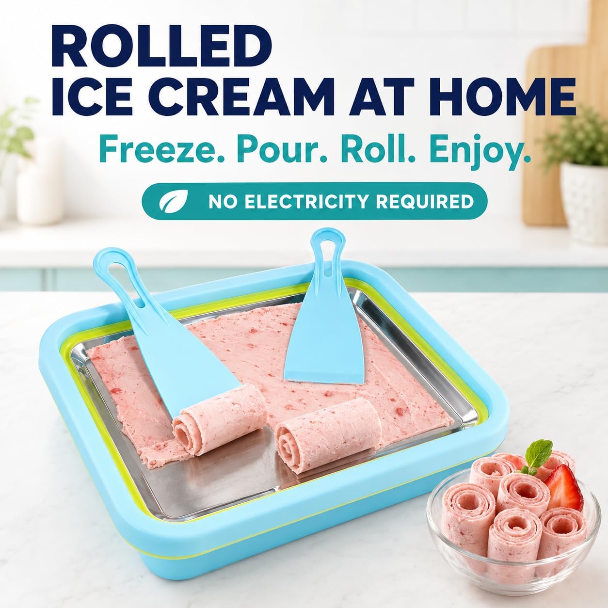 Rolled Ice Cream Maker Kit, Stainless Steel Freezing Pan with 2 Spatulas, No Electricity Required