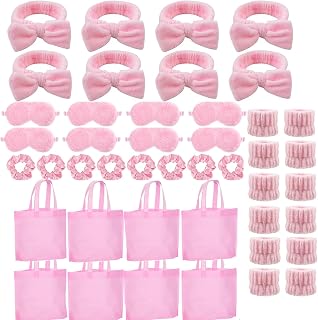 LEFIMOT 48 Pcs Sleepover Party Supplies for Women Birthday Favors, 8 Eye Mask Skincare 16 Headbands 8 Wristband Set 8 Hair Scrunchie 8 Gift Bags Spa Slumber Sleeping Stuff Accessories