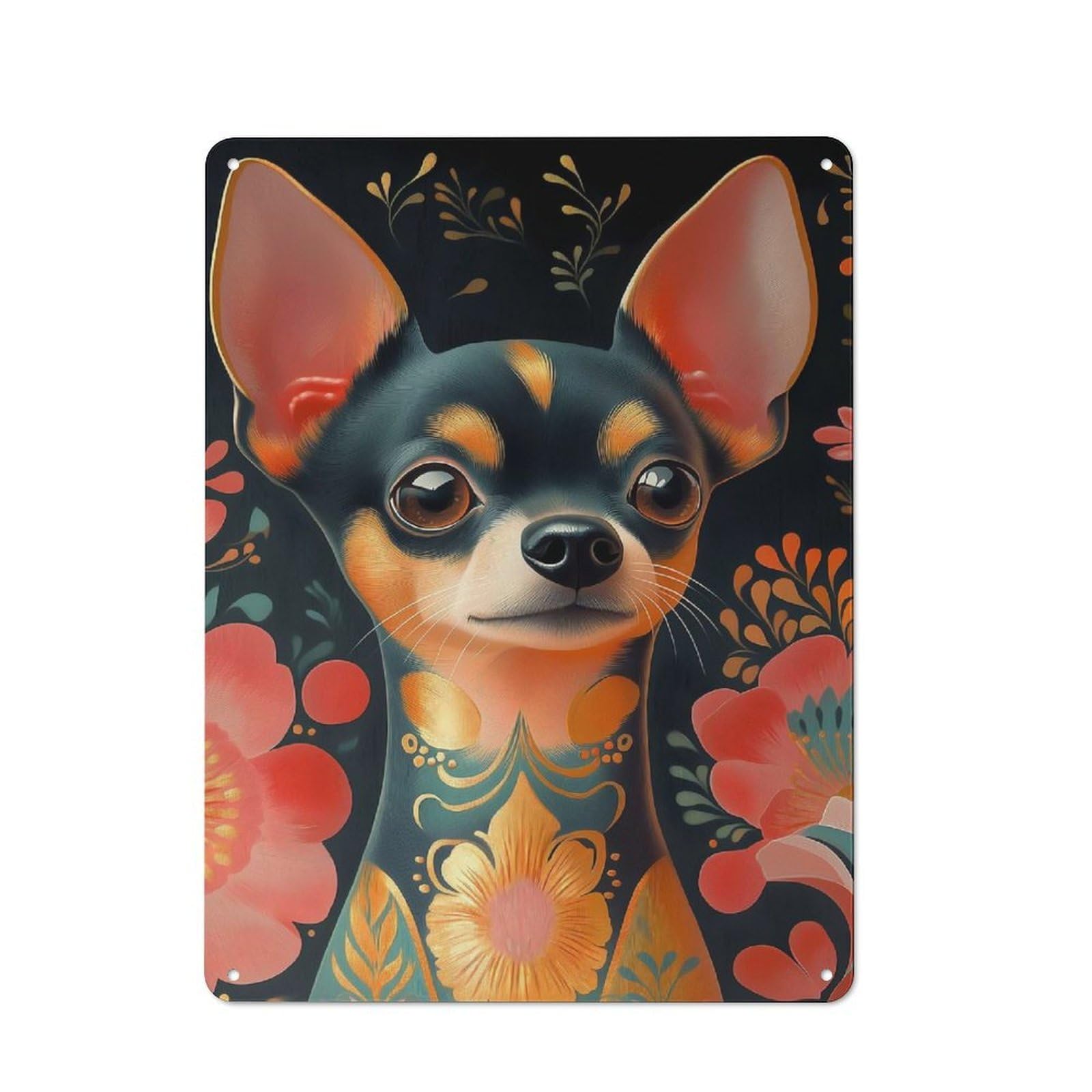 Classic Chihuahua with Floral Tattoo Animal Metal Gift Sign 40x30cm, Small Space Decor for Home, Shop, Pub Or Studio Wall