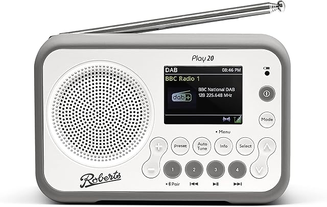 Roberts Play20 DAB Radio - Portable Radio - Retro Radio - Battery Radio Option - White