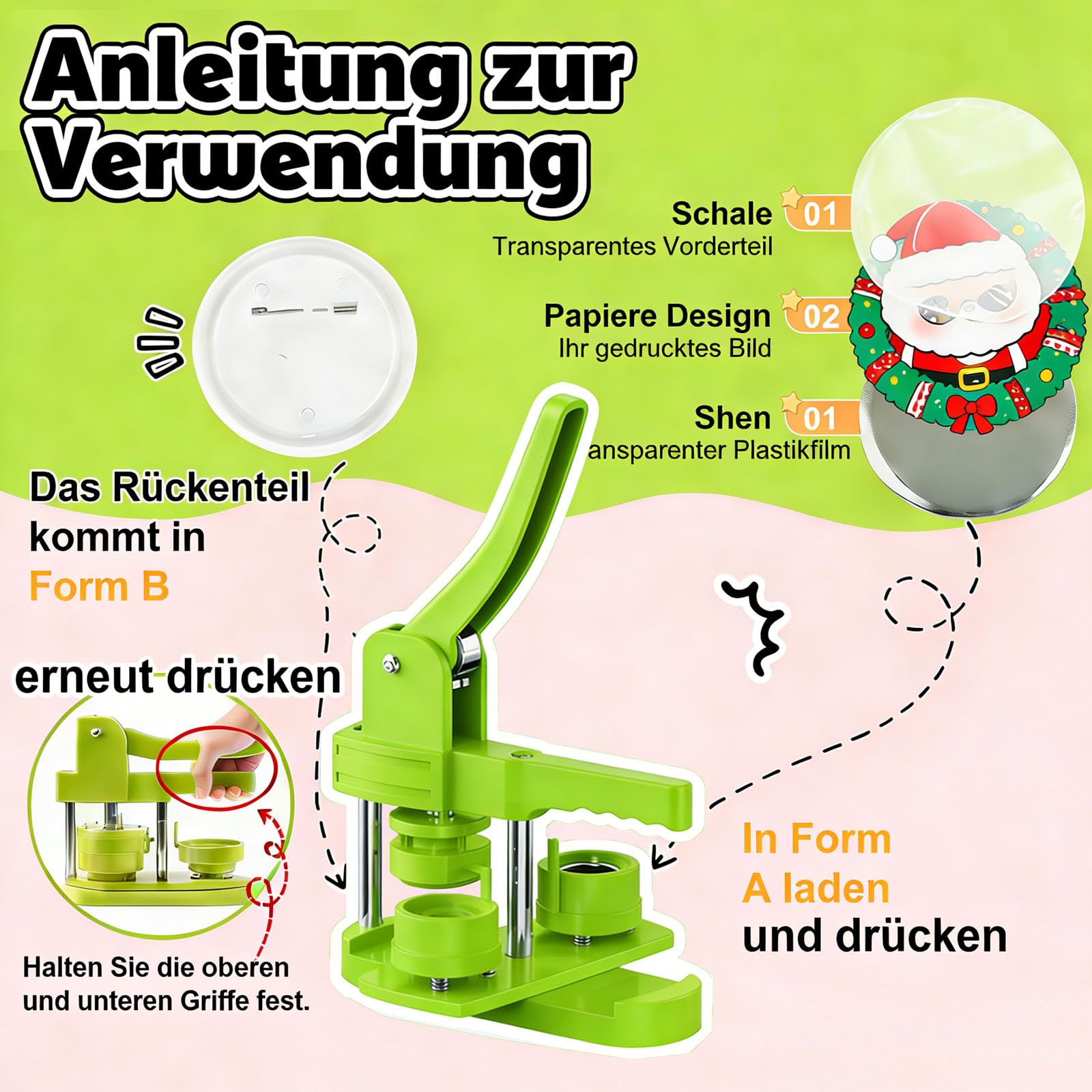 25 mm Buttonmaschine– Manuelle Buttonpresse Set ohne Montage, inkl. 100 Zubehör & Kreisschneider, DIY Abzeichenmaschine für Basteln, Partys & Geschenke(grün)