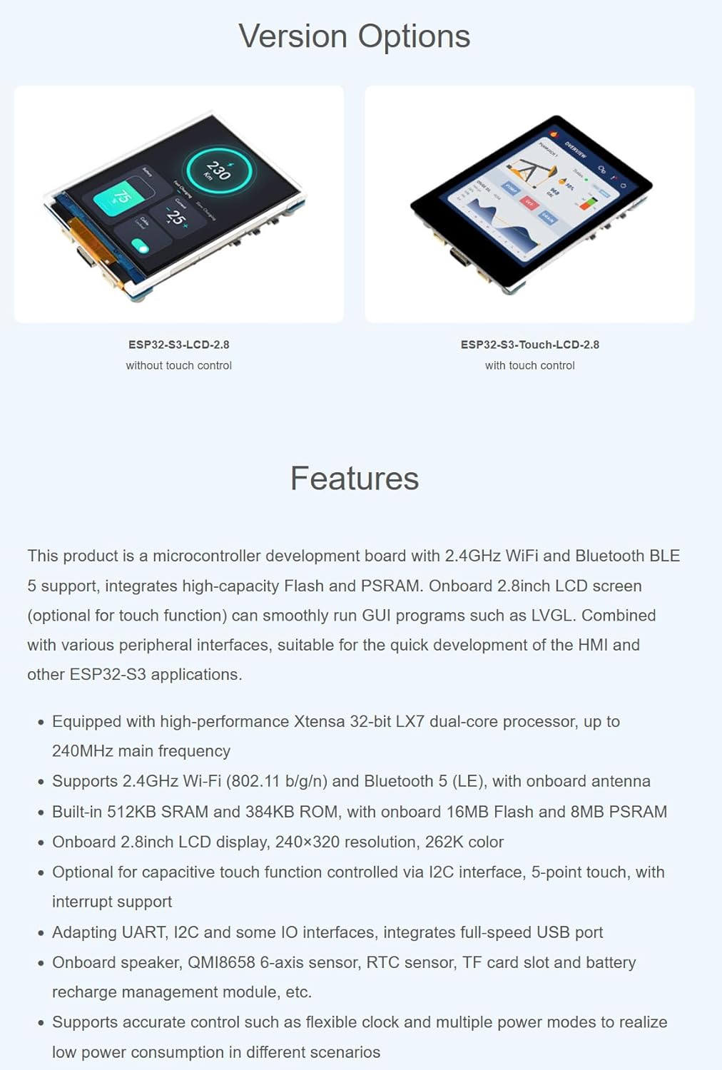 Comparison of ESP32-S3-LCD-2.8 without touch and ESP32-S3-Touch-LCD-2.8 with touch.