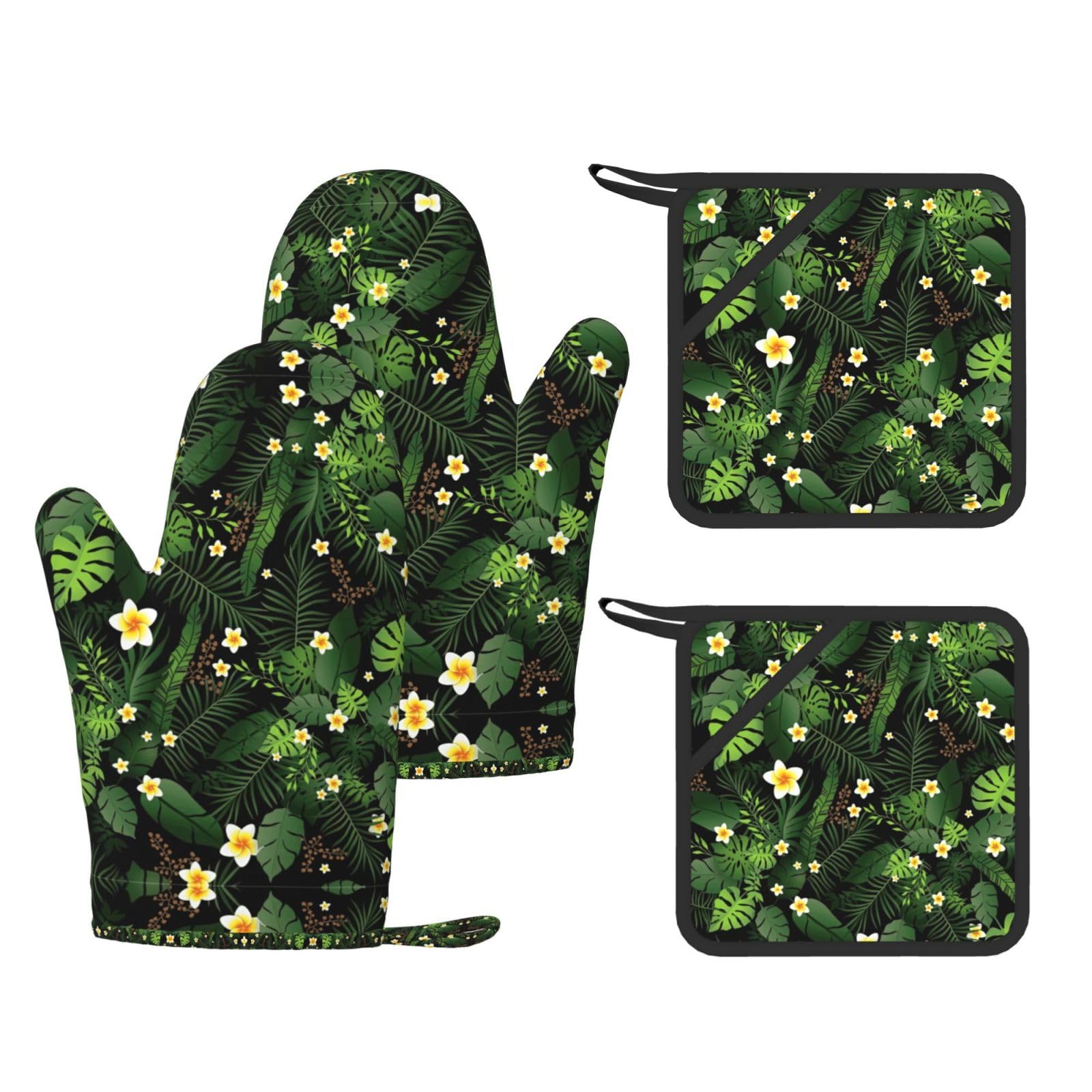 Hawaiian Printed Oven Mitts with Pocket and Hot Pads, Silicone Non-Slip Kitchen Gloves for Baking BBQ