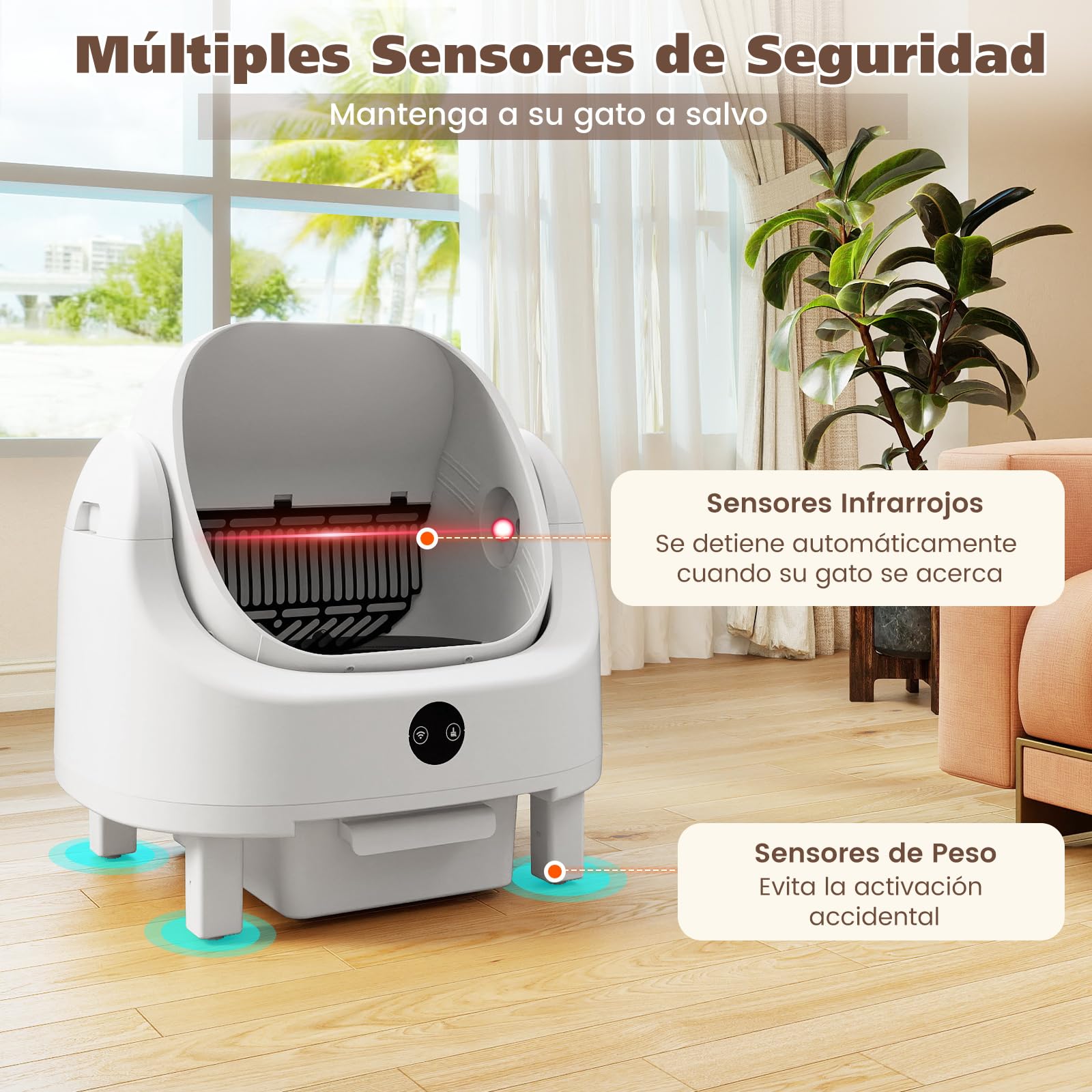 COSTWAY Arenero Gatos Autolimpiable, Diseño Abierto, Apertura de 39x39 cm, Arenero Automático para Gatos con Control por APP, Sin Olores, Sensores de Seguridad, Silencioso, Caja de Arena Autolimpiable