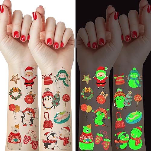 Miniatura 1 de 65 piezas de tatuajes temporales de Navidad para niños, calcomanías de tatuaje de Navidad que brillan en la oscuridad, calcomanías de tatuaje de