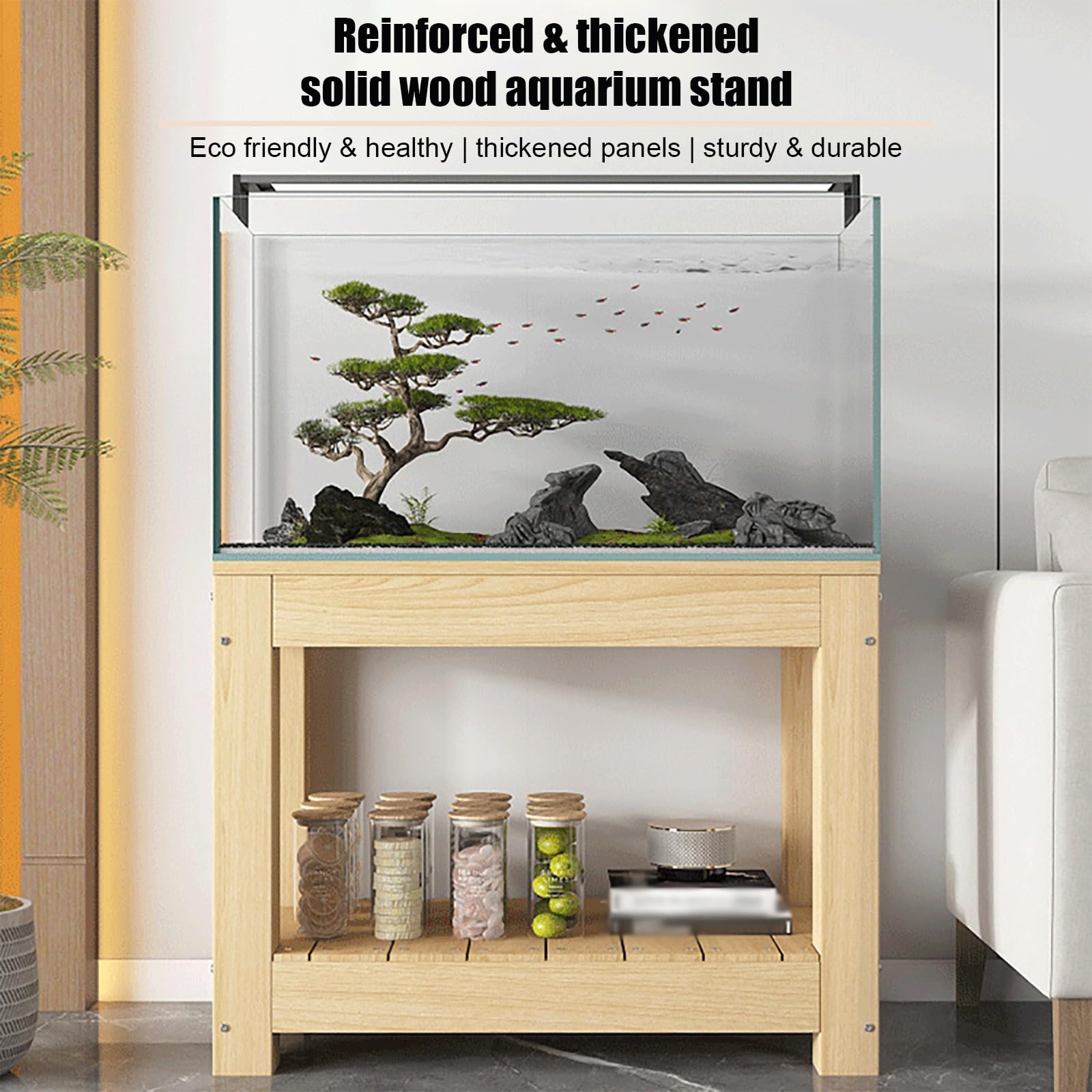 Supporto Acquario, Acquario con Mobile, Supporto per Terrario | Mobile a 2 Ripiani, in Legno Massello di Pino, Portata 500 kg, Facile da Montare(60x30x71cm/24x12x28in)