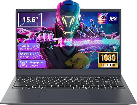 Laptop with 12GB RAM 512GB SSD, 15.6 Inch FHD Laptop Computer, N95 Processorup to 3.4GHz, Backlit Keyboard, Fingerprint Unlock, WiFi 6, Bluetooth 5.3