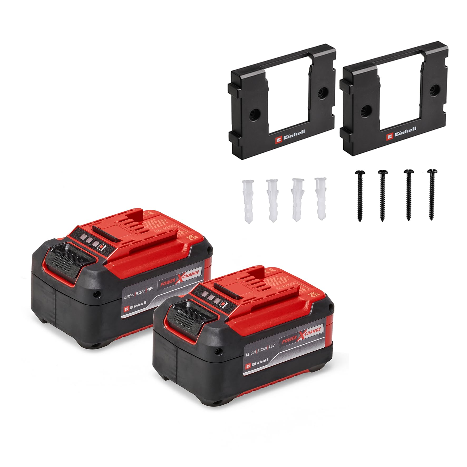 Original Einhell Akku PXC-Twinpack 5,2 Ah Power X-Change (Li-Ion, 18 V, 2x 5,2 Ah-Akkus, universell für alle PXC-Geräte, proaktives Batteriemanagement, angepasste Ladezyklen, inkl. Wandhalterung)