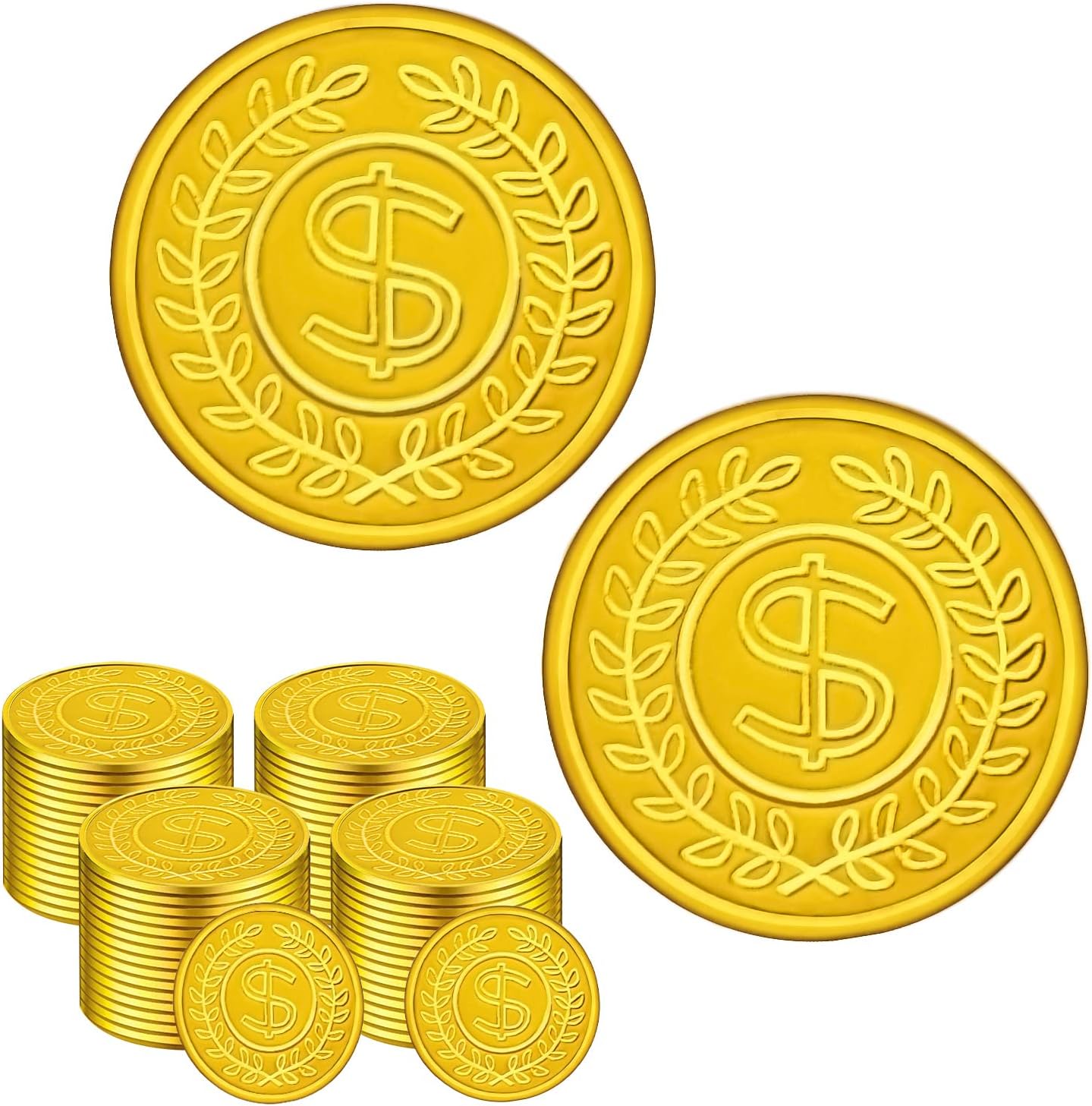 SpinLaLa 100 Count Plastic Gold Coins Set, Pirate Treasure Gold Play Coins for Kids Party Theme Props Decorations, Lucky Draw Games Treasure Hunt