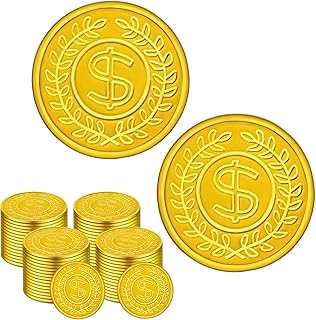 100 Count Plastic Gold Coins Set, Pirate Treasure Gold Play Coins for Kids Party Theme Props Decorations, Lucky Draw Games...