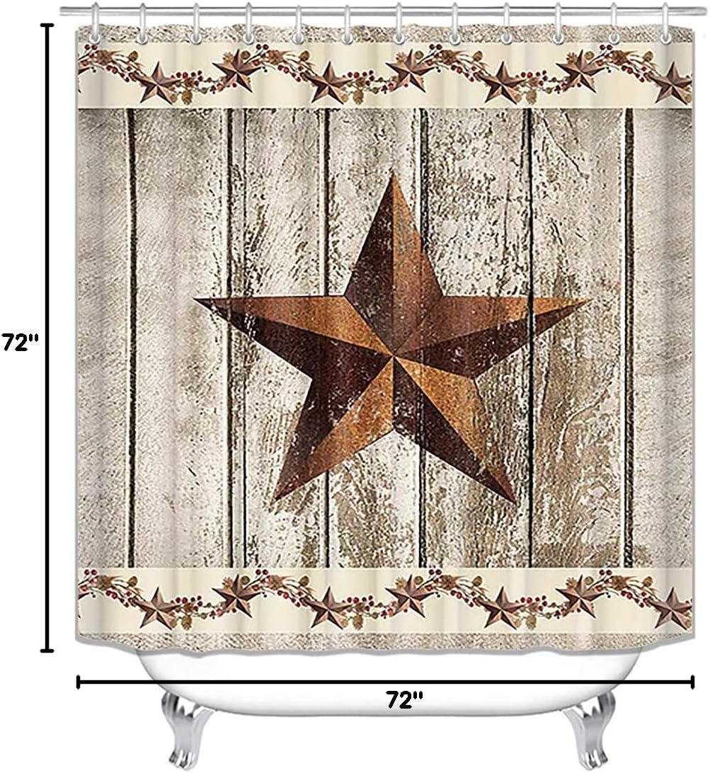 4PCS/Set Vintage Western Texas Star Fabric Shower Curtain, Retro Primitive Berry Vine Rustic Panel Wooden Plank Country Farmhouse Bathroom Decor, Non-slip Bath Rugs Toilet Carpet, Shabby Board