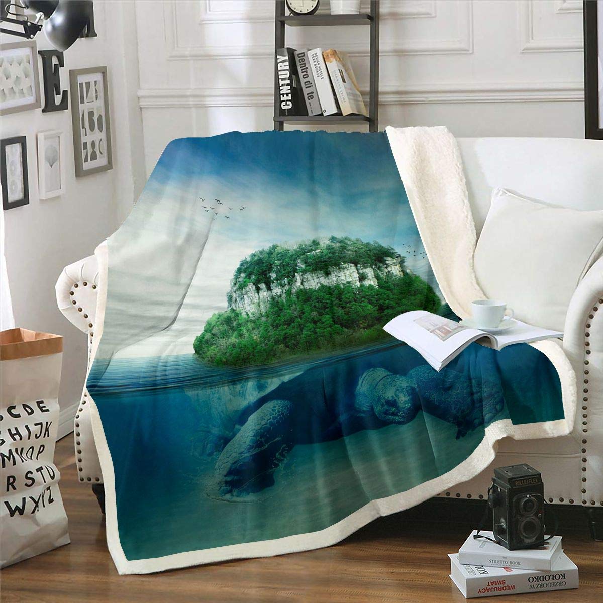 Loussiesd Sea Turtle Fleece Throw Blanket 4D Reptile Sherpa Blanket for Bed Sofa Ocean Marine Plush Blanket Underwater Animal Tree Green Fuzzy Blanket Room Decor Single 50"x60"