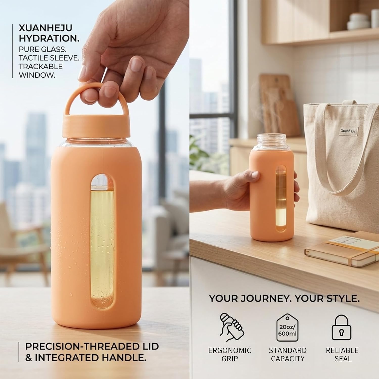 Glass Water Bottle with Silicone Sleeve and Handle, Aesthetic Hydration Tumbler for Office and Commute - 20oz (Blush Pink)