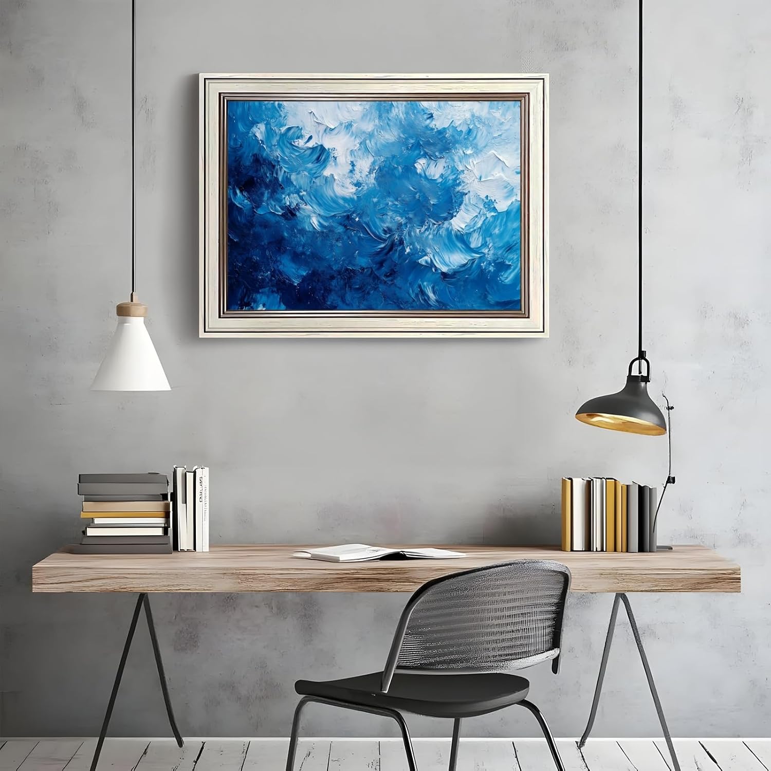 Large Framed Abstract Impasto TV Canvas Wall Art Expressive Textured Ocean Blue Painting Poster Modern Coastal Summer Artwork Print for Bedroom Home Office Beach House Decor 24x36inch