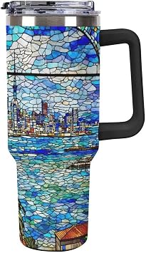 40 Oz Tumbler with Handle And Straw Lid Christmas Stained Glass Auckland Travel City Souvenir Leak-proof Travel Coffee Mug Modern for Hot And Cold Drinks Christmas Gifts