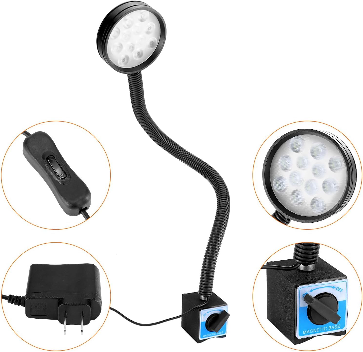 QWORK Magnetic Light, 1200 Lumens Led Machine Light, 110V-220V 12W LED Work Lamp for Drill Press, Industrial Lighting