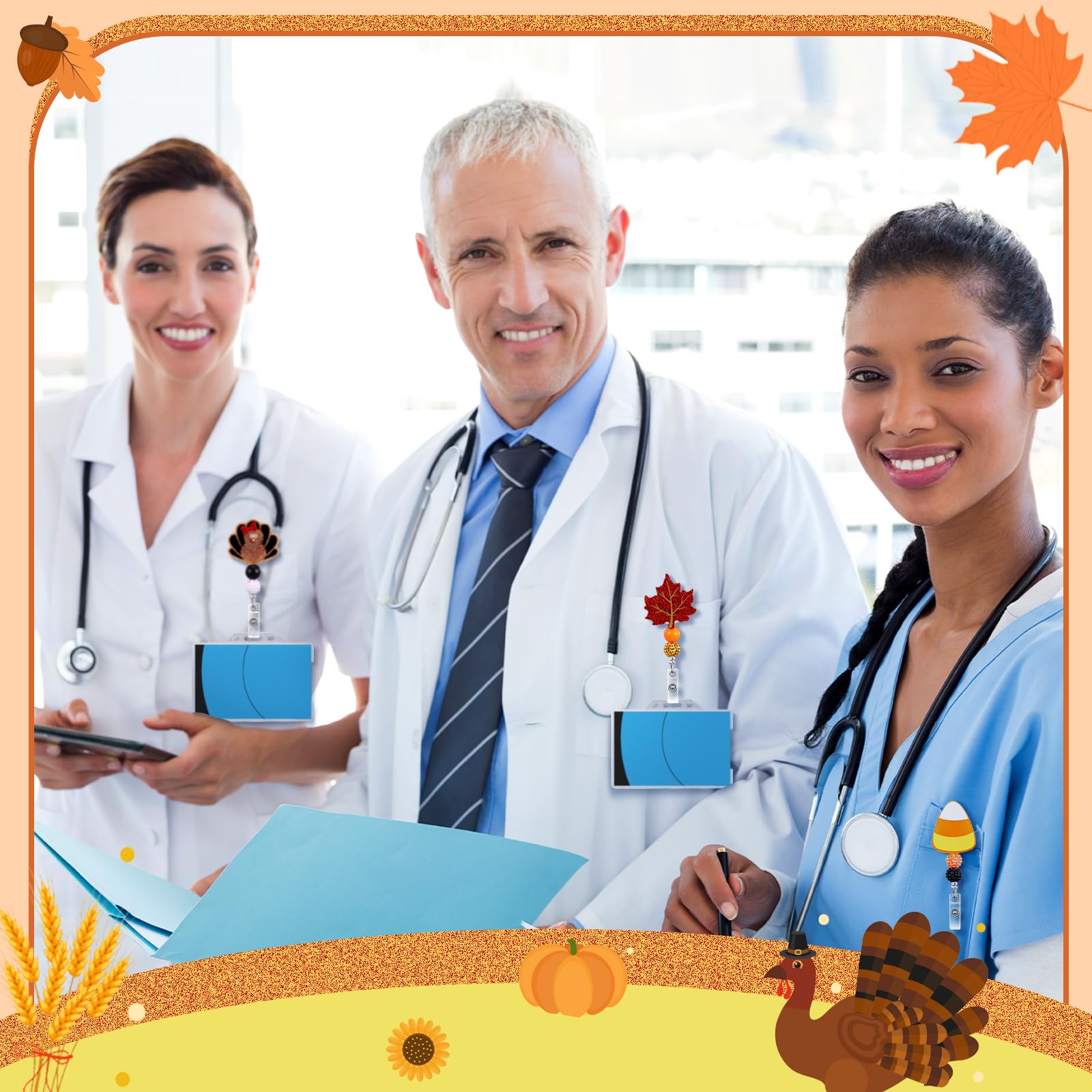 Giegxin 4 Stück ausziehbare Herbstkürbisse, Süßigkeiten, Mais, Ahornblatt, Truthahn, Krankenschwester, Ausweishalter mit Krokodilklemme, Glitzer-Perlen für Thanksgiving, Halloween, Urlaub, Büro