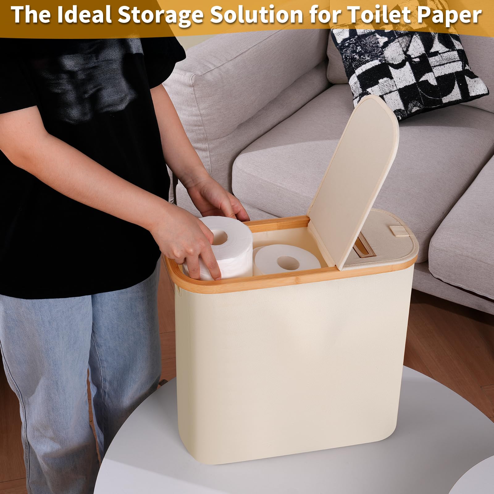 efluky 28L 2-w-1 Kosz na papier toaletowy z bambusa z wysuwannym uchwytem, organizer na papier toaletowy, przechowalnia na papier toaletowy z pokrywą, składana skrzynka do przechowywania na łazienkę