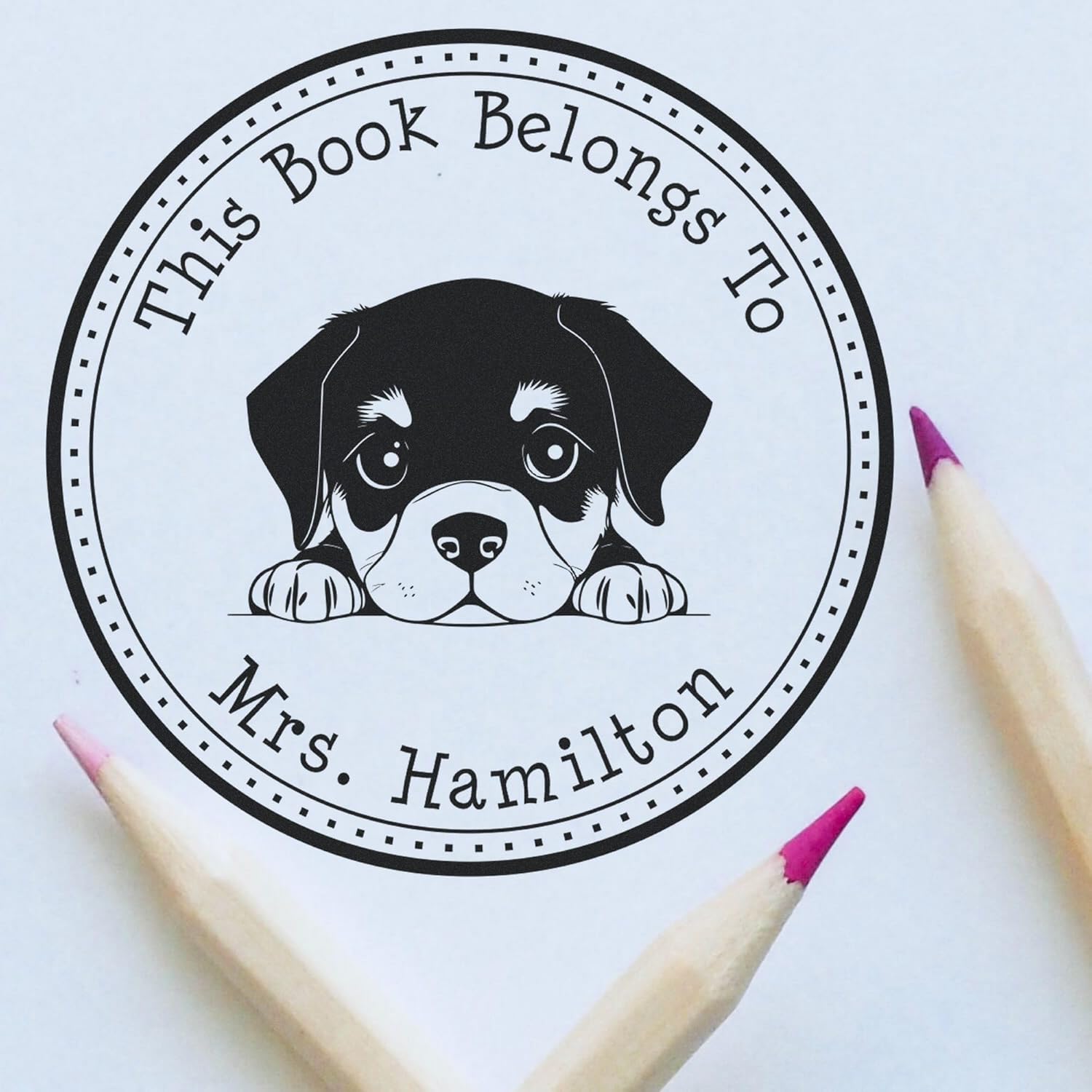 Customizable Rottweiler Dog Stamp - Personalized Book Stamp with Peeking Rottweiler Puppy Design, Ideal for Book Lovers, 1-5/8 in Diameter, Available in 5 Vibrant Ink Colors, Portable and Slim