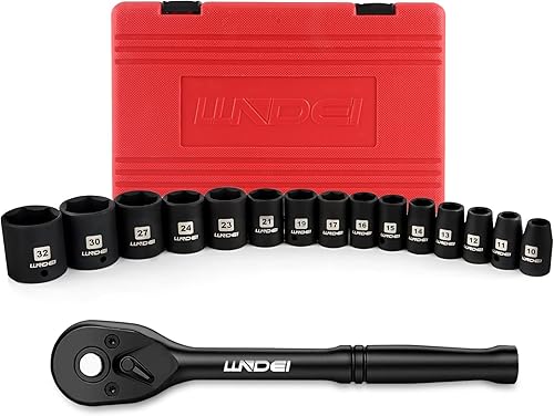 LLNDEI Juego de llaves de impacto de 12 pulgada métricas con llave de trinquete de liberación rápida de 72 dientes 16 piezas 6 puntos de enchufes