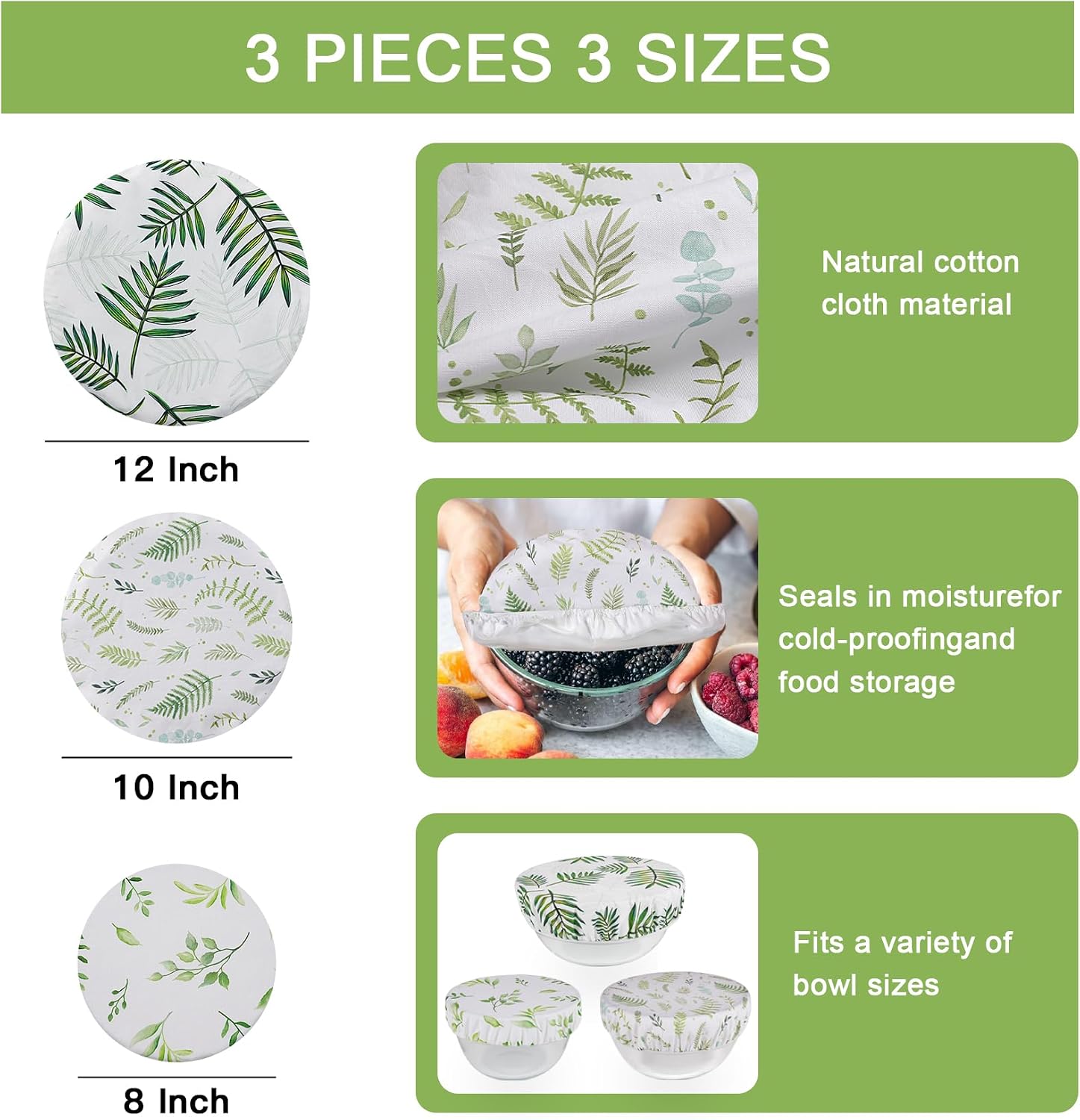 3 Pack Reusable Bowl Covers for Bread Proofing with Plastic Liner 8/10/12 Inch Elastic Bread Bowl Cover for Sourdough Rising and Food Storage
